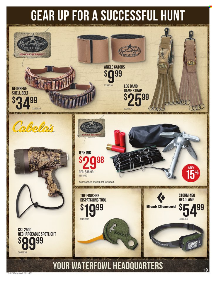 thumbnail - Cabela's Flyer - 11/17/2022 - 12/07/2022 - Sales products - spotlight, belt, headlamp, neoprene, Shell. Page 19.