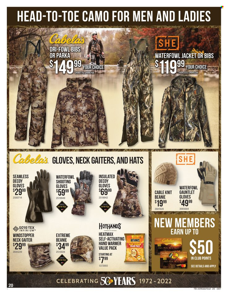thumbnail - Cabela's Flyer - 11/17/2022 - 12/07/2022 - Sales products - jacket, parka, beanie, gloves, hat, hand warmer. Page 20.