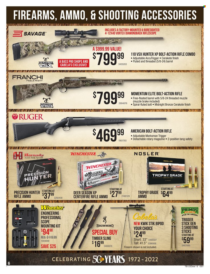 thumbnail - Cabela's Flyer - 11/17/2022 - 12/14/2022 - Sales products - bipod, Hunter, Bass Pro, Browning, rifle ammo, riflescope, Ruger, savage, scope, ammo. Page 6.