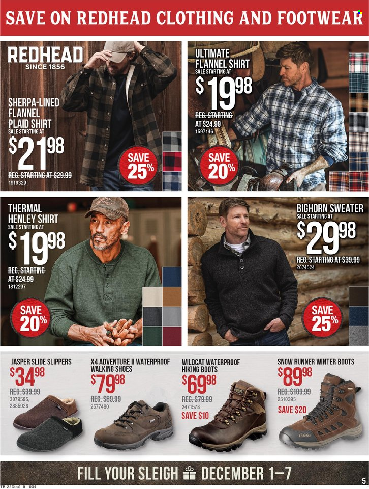thumbnail - Cabela's Flyer - 12/01/2022 - 12/07/2022 - Sales products - boots, shoes, slippers, winter boots, flannel shirt, shirt, sherpa, sweater. Page 5.