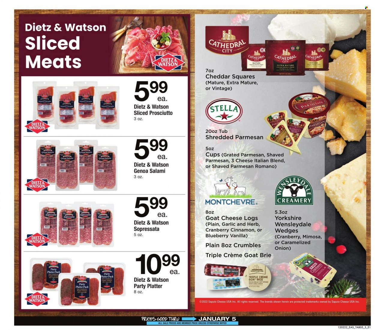thumbnail - Safeway Flyer - 12/02/2022 - 01/05/2023 - Sales products - garlic, onion, salami, prosciutto, Dietz & Watson, goat cheese, Wensleydale, cheddar, parmesan, cheese, brie, Montchevre, milk, pepper, herbs, cinnamon, cup. Page 5.