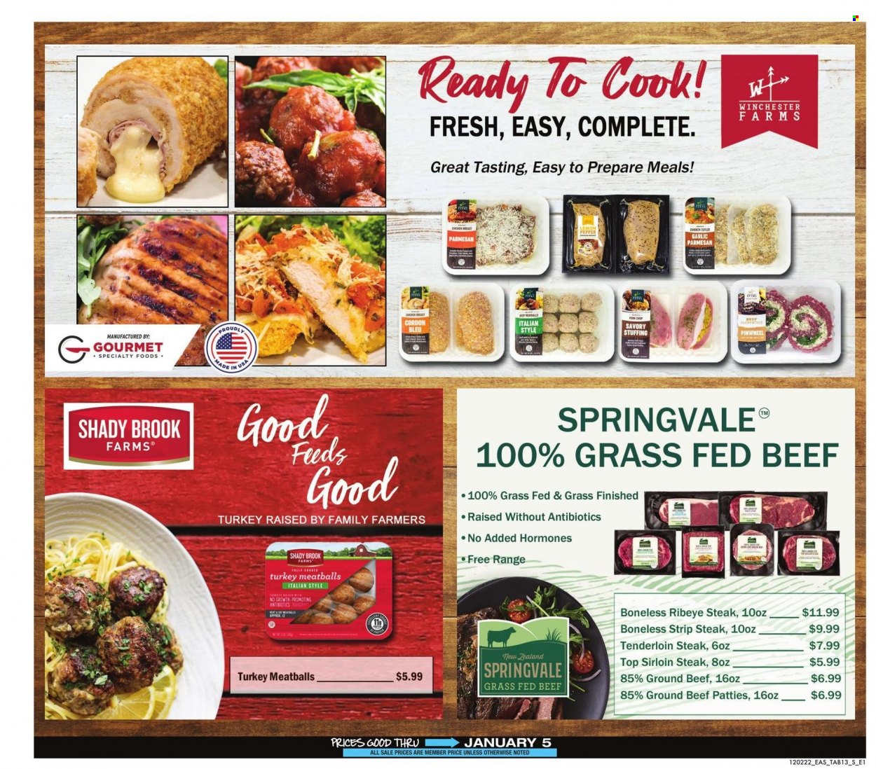 thumbnail - Safeway Flyer - 12/02/2022 - 01/05/2023 - Sales products - chicken breasts, beef meat, beef sirloin, beef steak, ground beef, steak, sirloin steak, ribeye steak, striploin steak, meatballs, cordon bleu. Page 13.