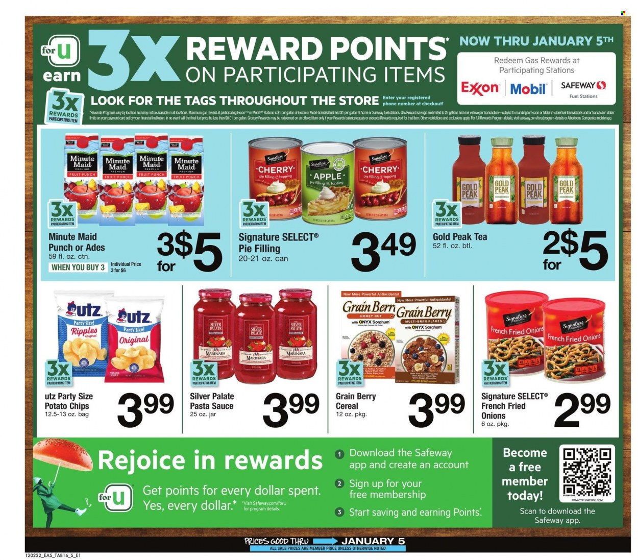 thumbnail - Safeway Flyer - 12/02/2022 - 01/05/2023 - Sales products - cherry pie, pasta sauce, sauce, potato chips, chips, pie filling, cherry pie filling, topping, cereals, bran flakes, Gold Peak Tea, fruit punch, tea, vehicle. Page 16.