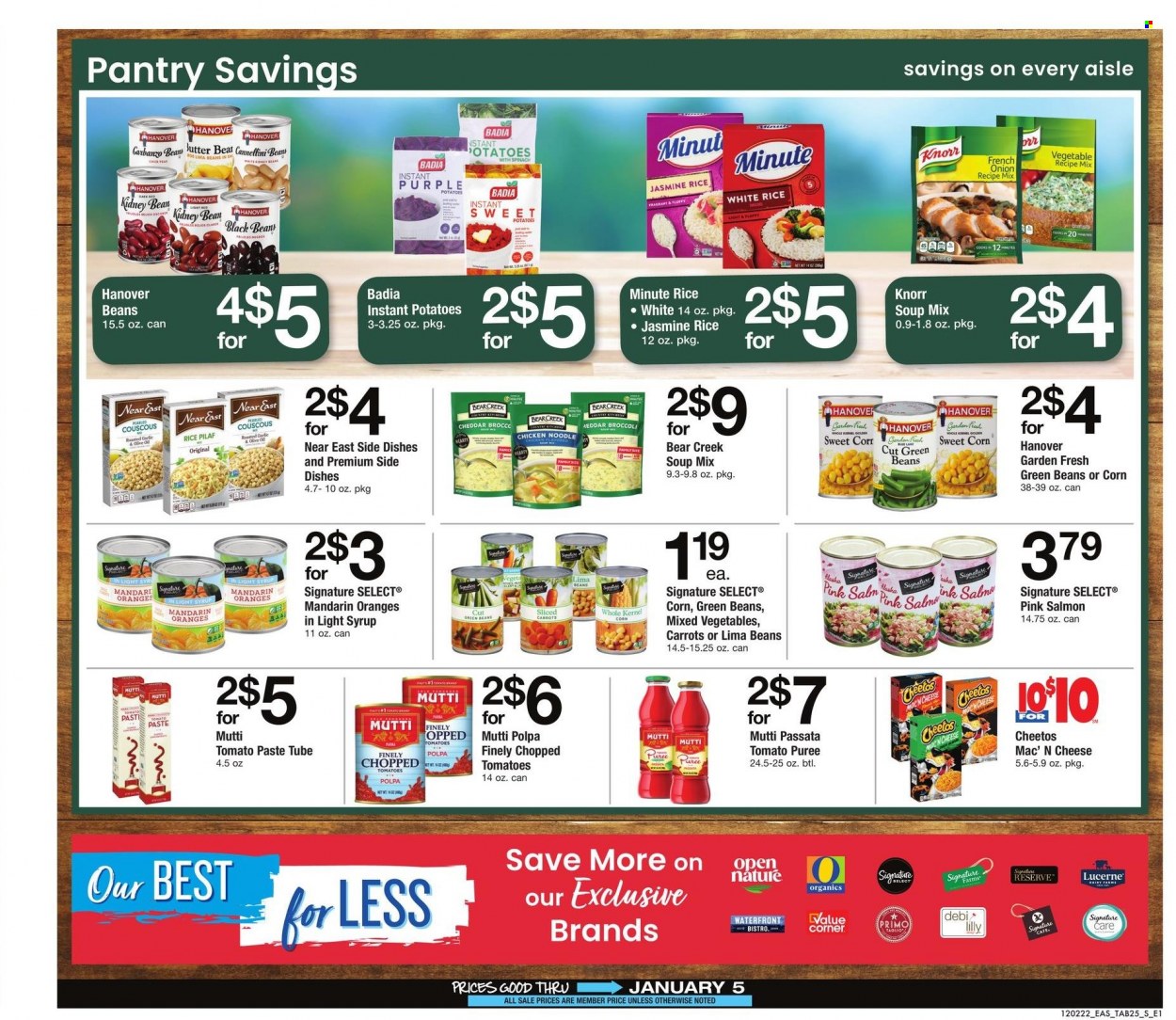 thumbnail - Safeway Flyer - 12/02/2022 - 01/05/2023 - Sales products - broccoli, corn, green beans, mandarines, oranges, salmon, soup mix, soup, Knorr, noodles, cheddar, cheese, lima beans, mixed vegetables, Cheetos, black beans, cannellini beans, tomato paste, tomato sauce, tomato puree, Badia, chopped tomatoes, couscous, rice, jasmine rice, white rice, olive oil, oil, syrup. Page 25.