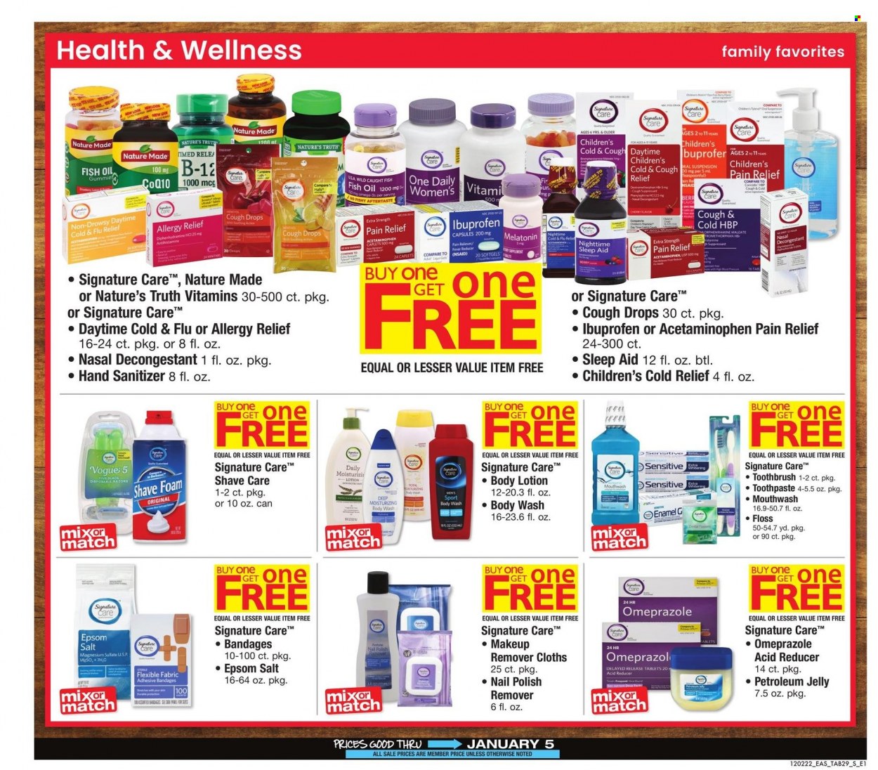 thumbnail - Safeway Flyer - 12/02/2022 - 01/05/2023 - Sales products - cherries, Halls, oil, body wash, toothbrush, toothpaste, mouthwash, petroleum jelly, body lotion, disposable razor, pain relief, Cold & Flu, fish oil, magnesium, Nature Made, Nature's Truth, Ibuprofen, cough drops, one daily, allergy relief, hand sanitizer. Page 29.
