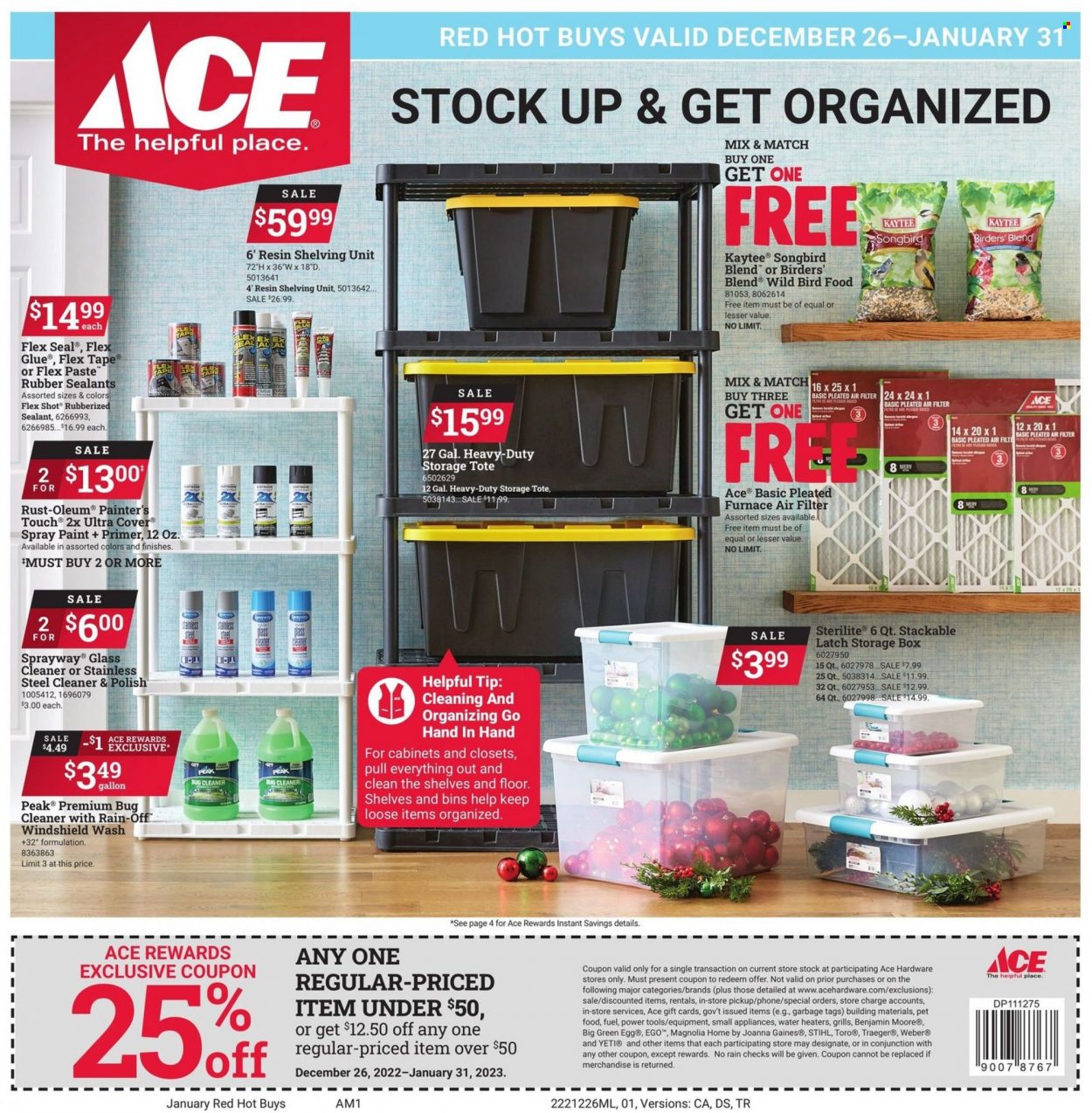 thumbnail - ACE Hardware Flyer - 12/26/2022 - 01/31/2023 - Sales products - cleaner, glass cleaner, storage box, flex glue, glue, eraser, animal food, Kaytee, bird food, shelf unit, spray paint, polish, paint, Benjamin Moore, furnace air filter, power tools, storage tote, Weber, air filter. Page 1.