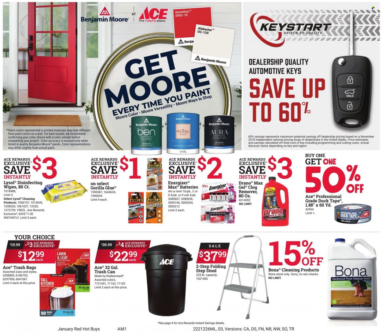 thumbnail - ACE Hardware Flyer - 12/26/2022 - 01/31/2023 - Sales products - wipes, cleaner, floor cleaner, Lysol, trash bags, trash can, glue, battery, Energizer, step stool, Benjamin Moore, duck tape. Page 3.