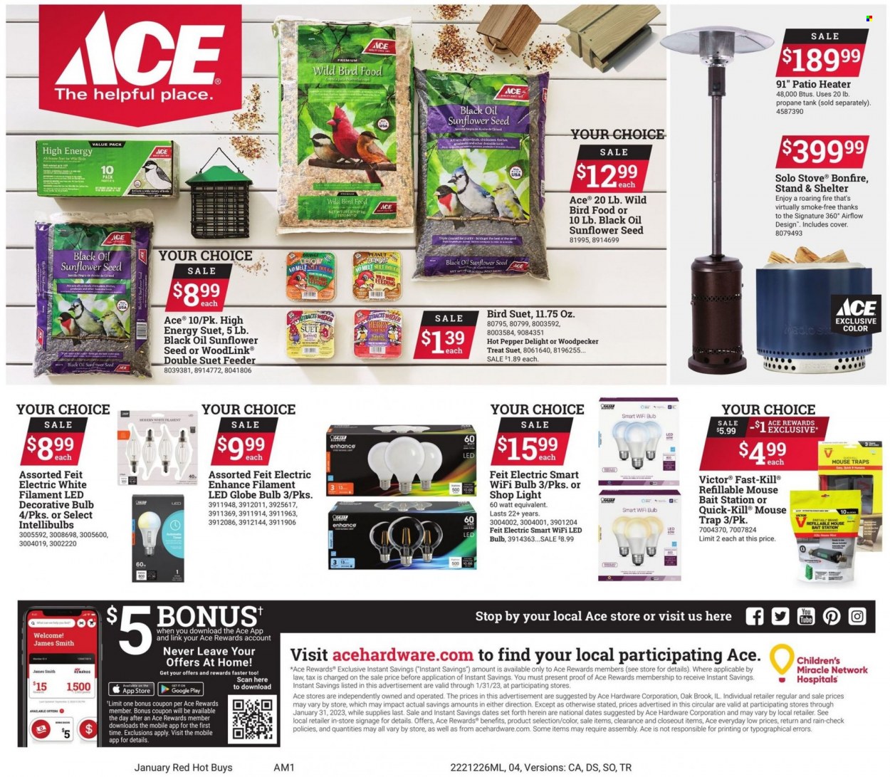 thumbnail - ACE Hardware Flyer - 12/26/2022 - 01/31/2023 - Sales products - pepper, mouse trap, bulb, LED bulb, animal food, mouse, tank, bird suet feeder, bird food, Victor, stove, shop light, propane tank, plant seeds. Page 4.
