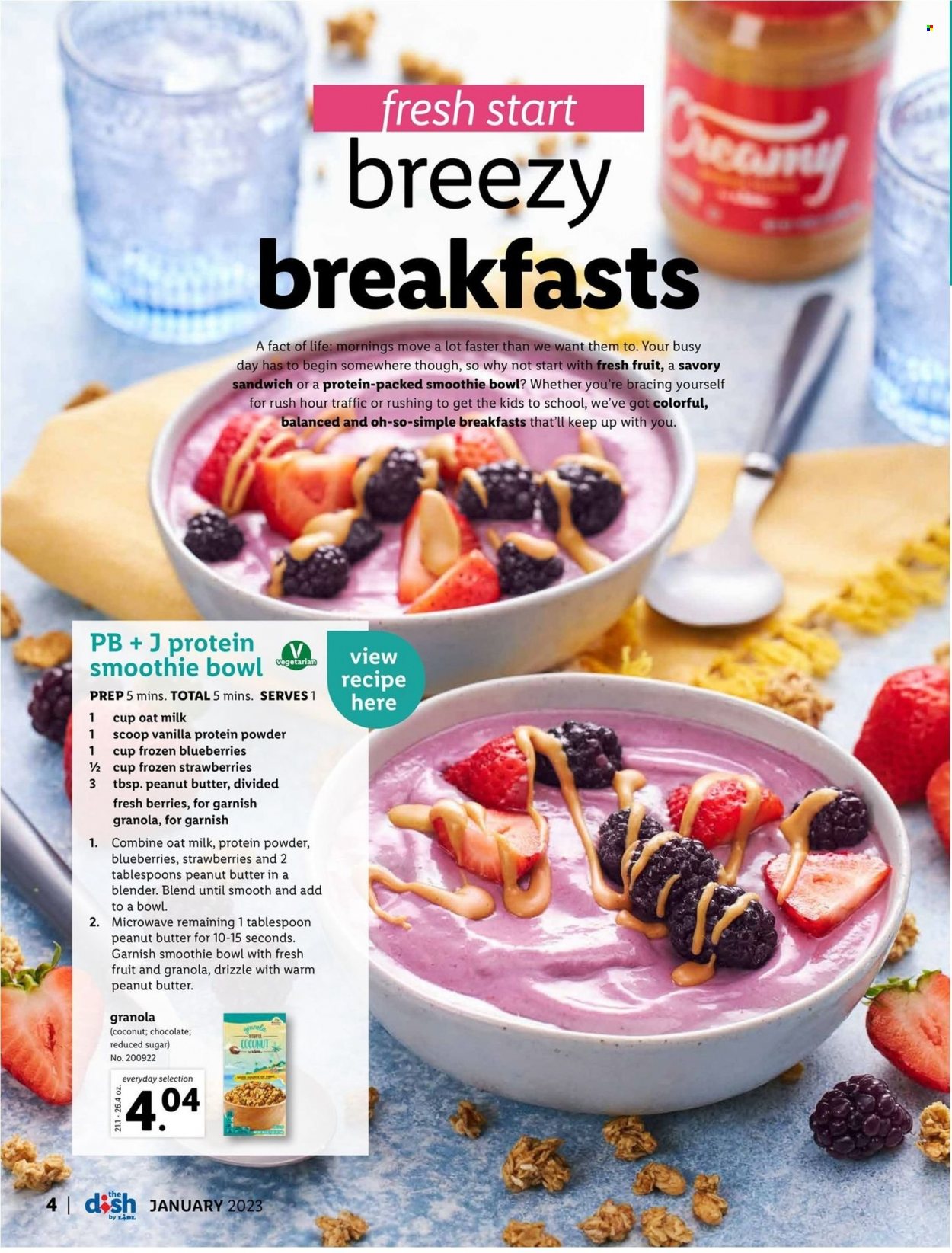thumbnail - Lidl Flyer - 12/28/2022 - 01/31/2023 - Sales products - blueberries, strawberries, coconut, sandwich, milk, oat milk, chocolate, granola, peanut butter, whey protein. Page 4.
