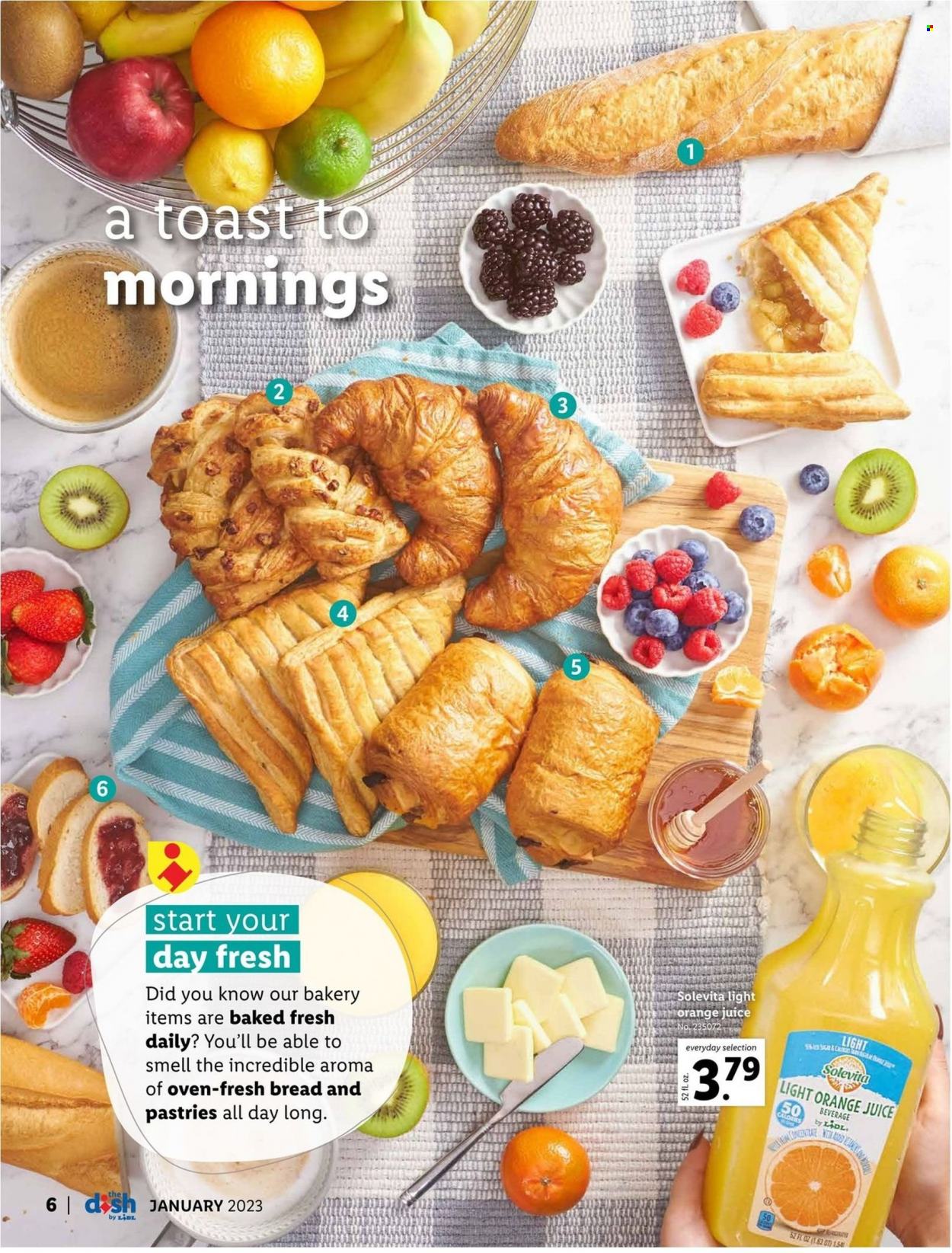 thumbnail - Lidl Flyer - 12/28/2022 - 01/31/2023 - Sales products - bread, orange juice, juice. Page 6.
