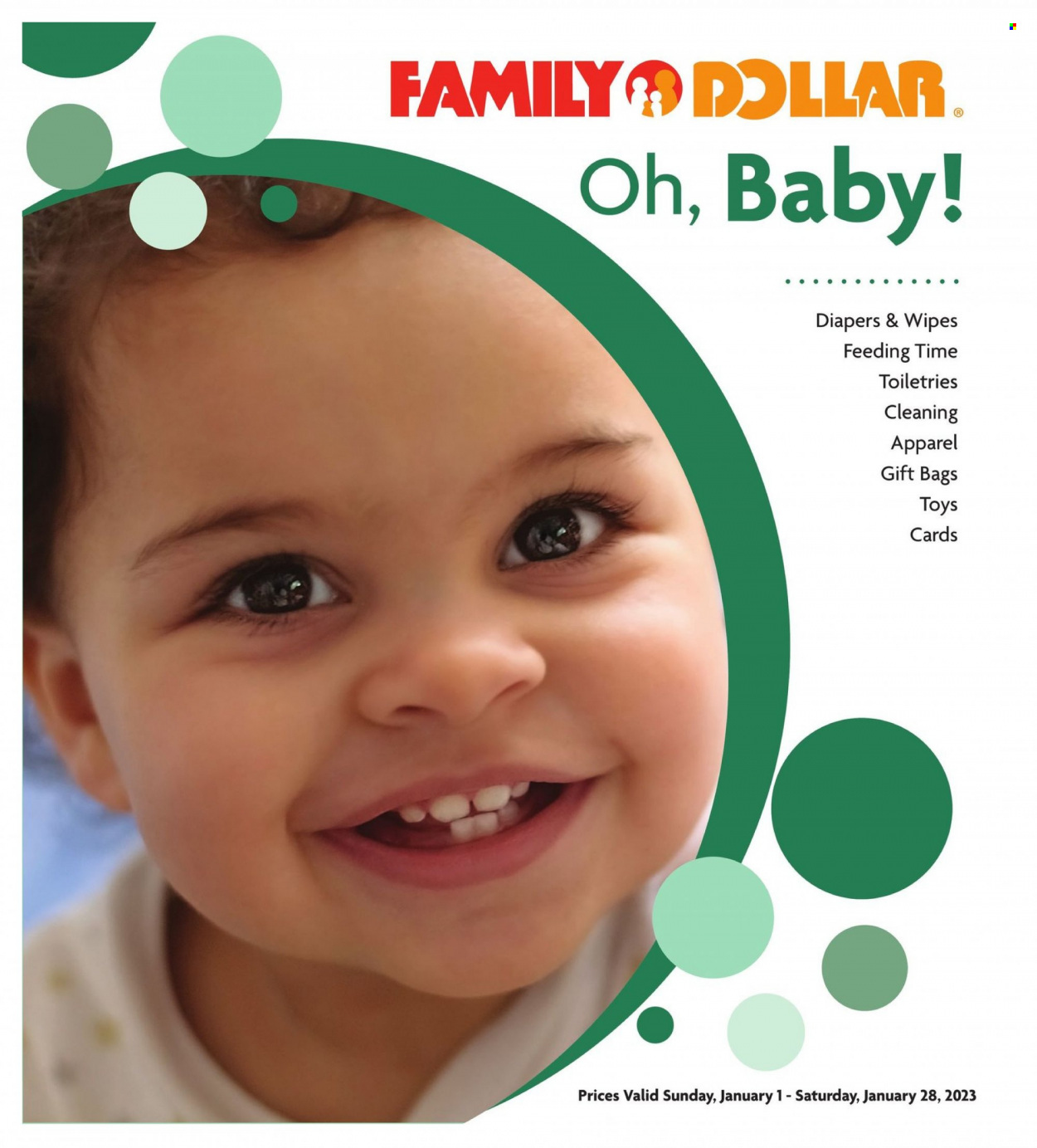 thumbnail - Family Dollar Flyer - 01/01/2023 - 01/28/2023 - Sales products - wipes, nappies, bag, toys. Page 1.