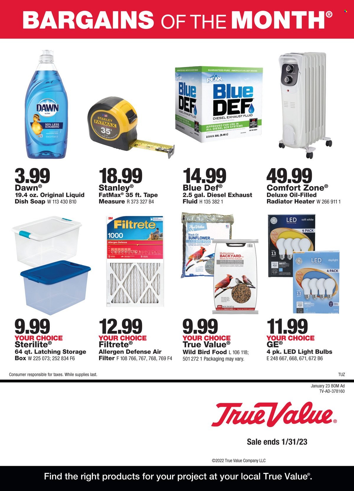 thumbnail - True Value Flyer - 01/01/2023 - 01/31/2023 - Sales products - bulb, light bulb, animal food, bird food, storage box, LED light, Stanley, heater, measuring tape, sunflower, air filter, exhaust fluid. Page 1.