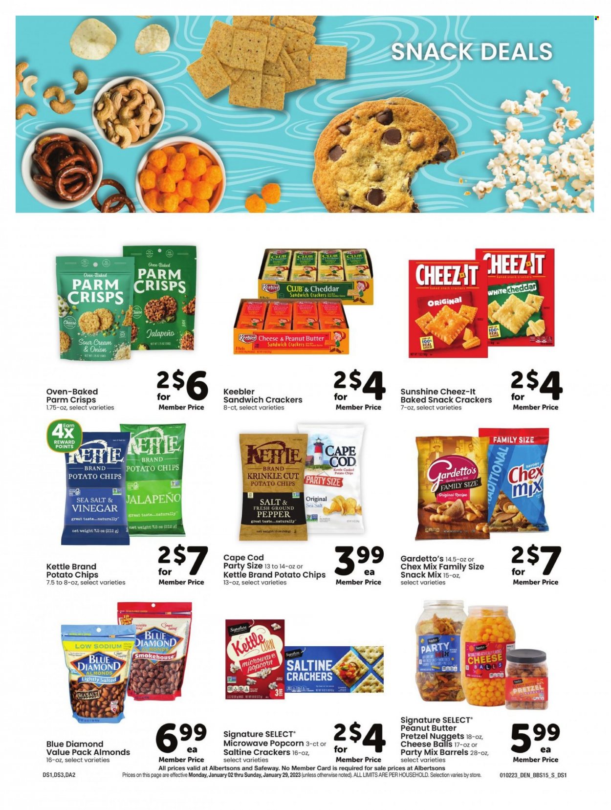 thumbnail - Safeway Flyer - 01/02/2023 - 01/29/2023 - Sales products - pretzels, corn, cod, nuggets, Sunshine, snack, crackers, Keebler, potato chips, chips, popcorn, Cheez-It, Chex Mix, peanut butter, almonds, Blue Diamond. Page 15.