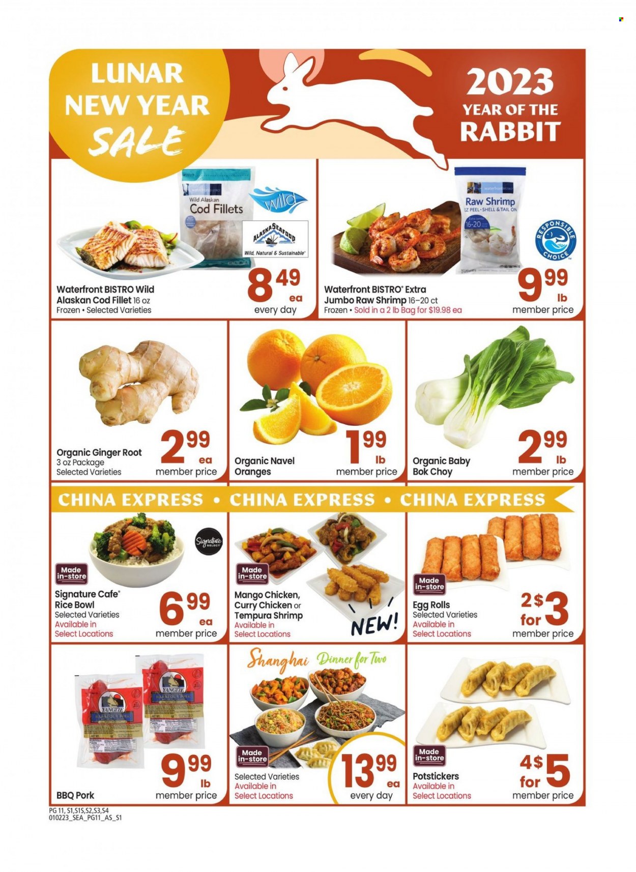 thumbnail - Safeway Flyer - 01/02/2023 - 01/29/2023 - Sales products - bok choy, ginger, oranges, rabbit, cod, alaskan cod fillet, seafood, shrimps, egg rolls, rice, bowl, navel oranges. Page 11.