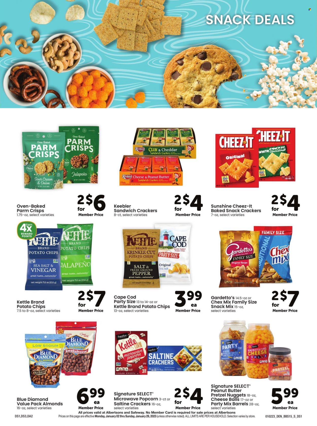 thumbnail - Albertsons Flyer - 01/02/2023 - 01/29/2023 - Sales products - pretzels, jalapeño, cod, nuggets, Sunshine, snack, crackers, Keebler, kettle corn, potato chips, chips, popcorn, Cheez-It, Chex Mix, peanut butter, almonds, Blue Diamond. Page 15.