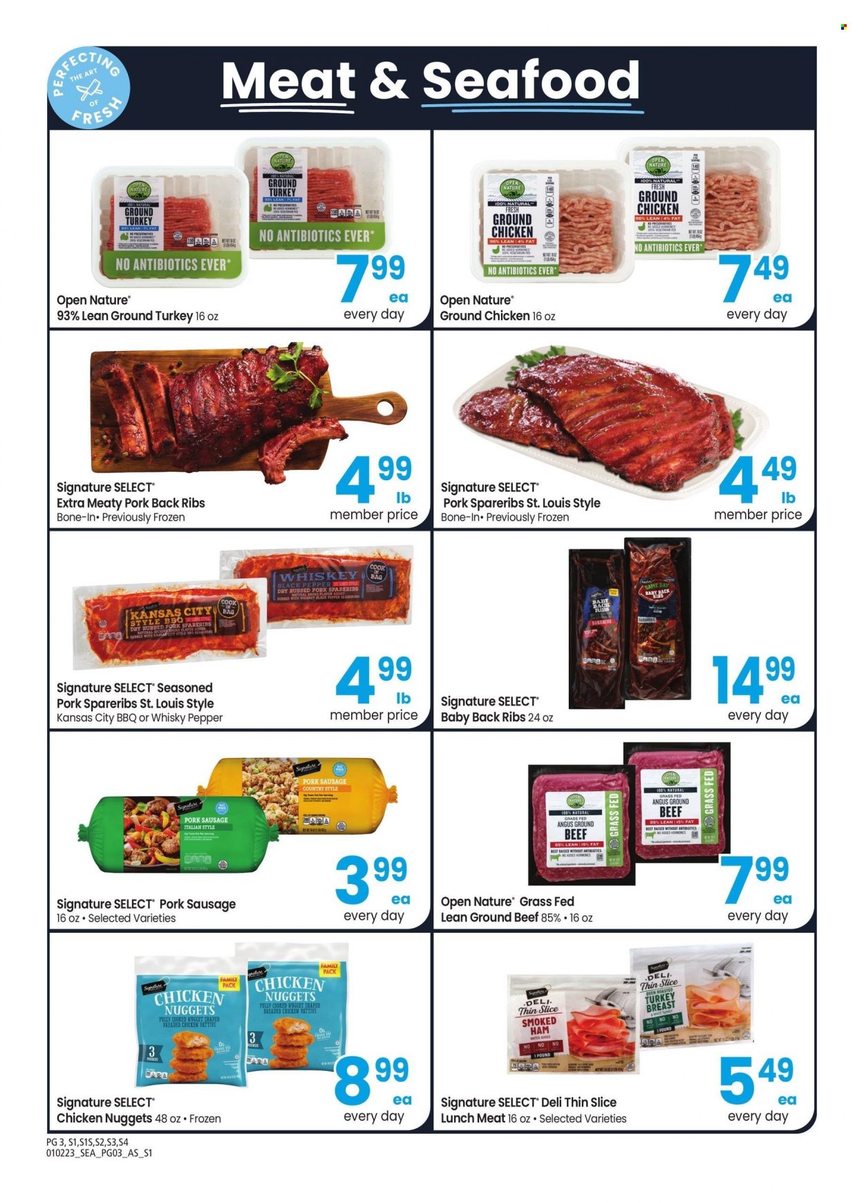 thumbnail - Albertsons Flyer - 01/02/2023 - 02/07/2023 - Sales products - seafood, nuggets, fried chicken, chicken nuggets, ham, smoked ham, sausage, pork sausage, lunch meat, chicken patties, pepper, whiskey, whisky, ground chicken, ground turkey, beef meat, ground beef, pork meat, pork ribs, pork spare ribs, pork back ribs, fork. Page 3.