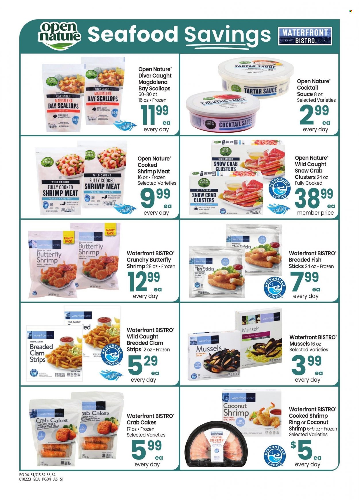 thumbnail - Albertsons Flyer - 01/02/2023 - 02/07/2023 - Sales products - clams, crab meat, mussels, scallops, seafood, fish, shrimps, fish fingers, fish sticks, crab cake, breaded fish, tartar sauce, strips, cocktail sauce, chilli sauce, succulent. Page 4.