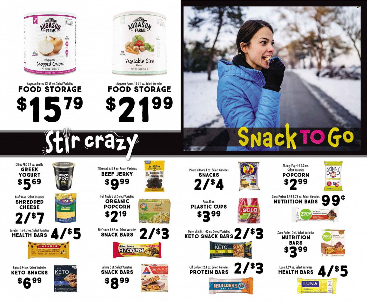 thumbnail - Fresh Market Flyer - 01/04/2023 - 01/31/2023 - Sales products - onion, cod, Kraft®, beef jerky, jerky, shredded cheese, greek yoghurt, yoghurt, Oikos, chocolate chips, snack, snack bar, popcorn, Skinny Pop, nutrition bar, protein bar, Zone Perfect, peanut butter, cup, smoker. Page 12.