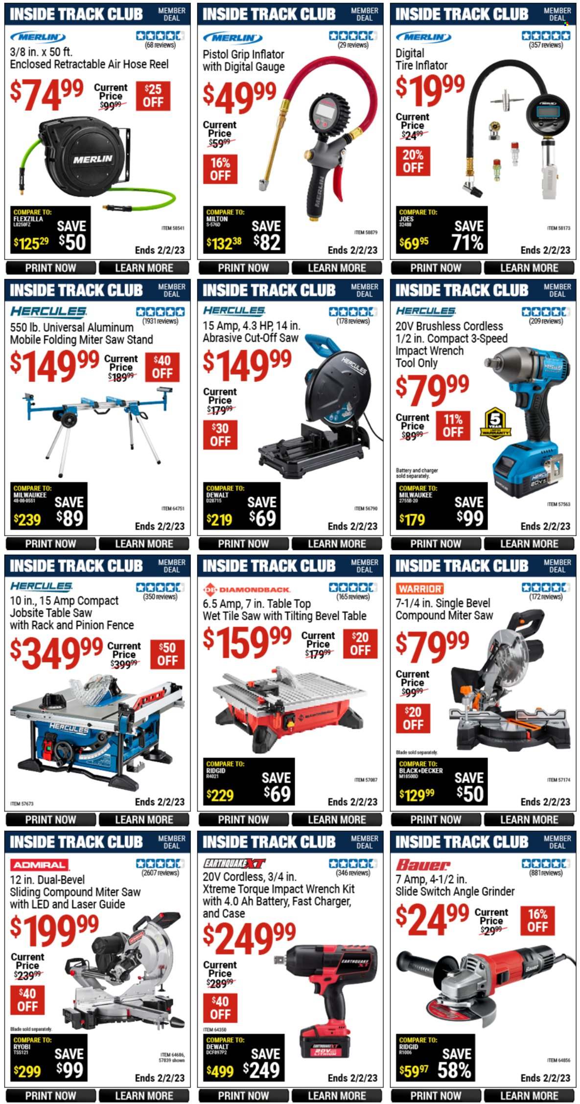 thumbnail - Harbor Freight Flyer - 01/06/2023 - 02/02/2023 - Sales products - Milwaukee, Ridgid, wrench, grinder, saw, angle grinder, table saw, table, air hose, saw stand, hose reel, tire inflator. Page 5.