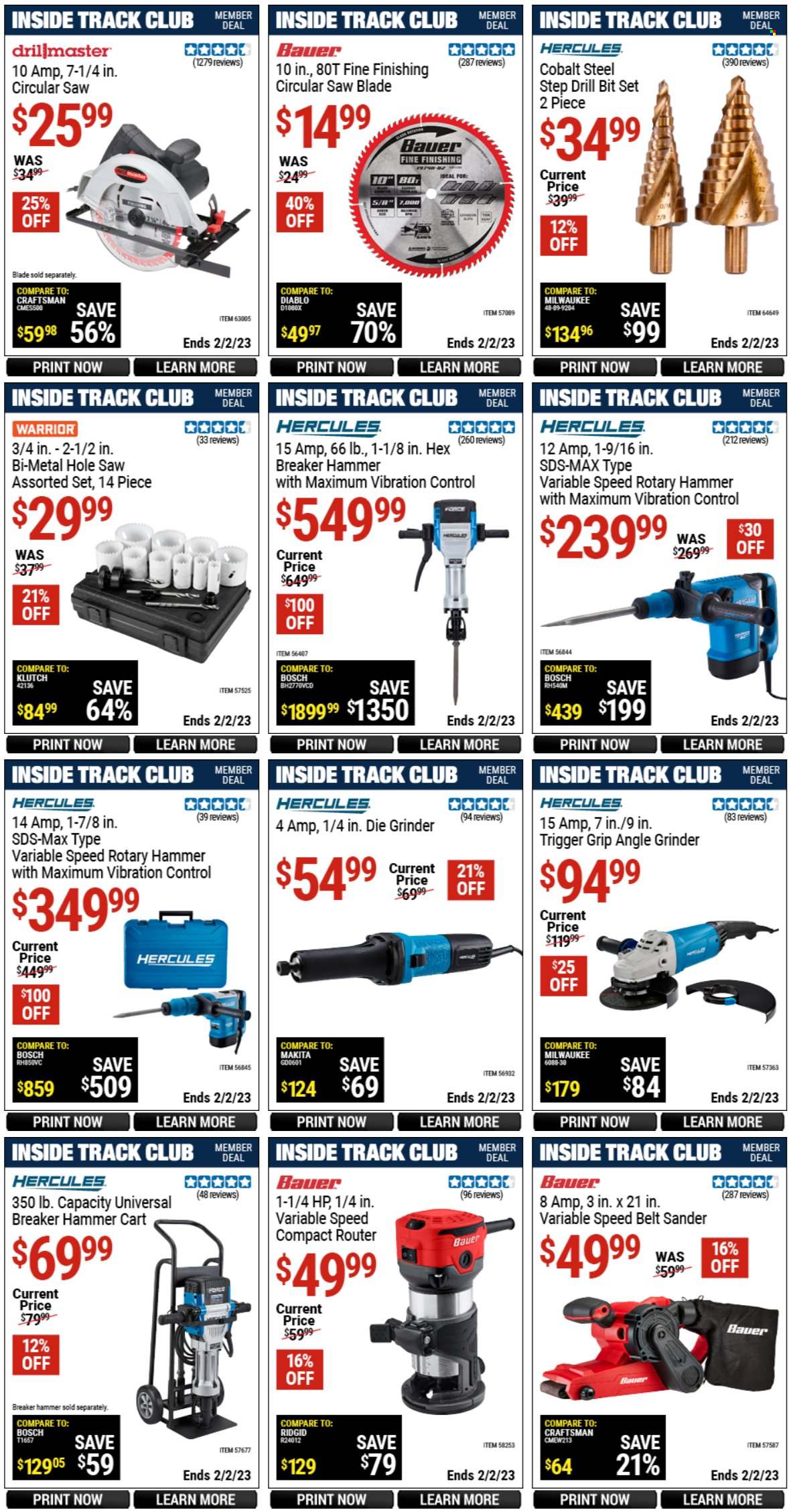 thumbnail - Harbor Freight Flyer - 01/06/2023 - 02/02/2023 - Sales products - Milwaukee, Ridgid, drill bit set, circular saw blade, grinder, circular saw, angle grinder, belt sander, cart. Page 6.