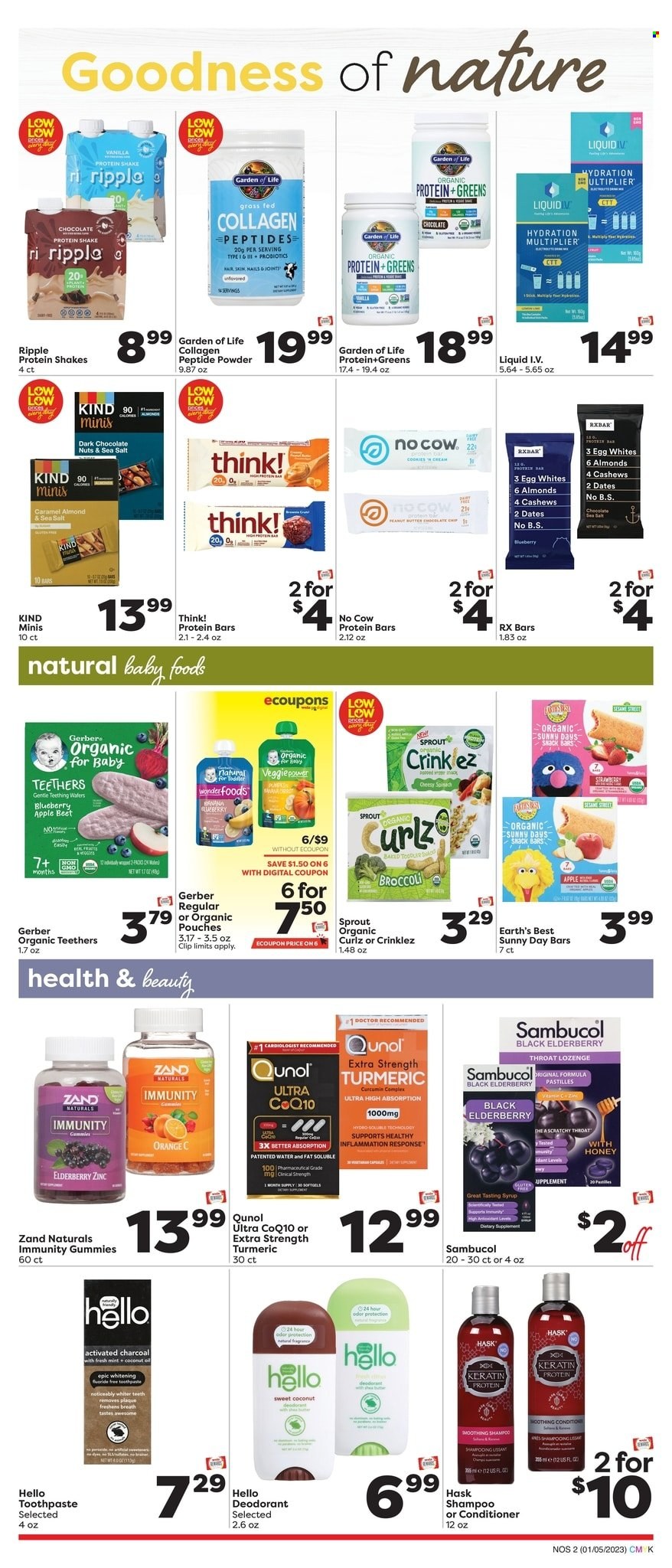 thumbnail - Weis Flyer - 01/05/2023 - 02/01/2023 - Sales products - broccoli, oranges, protein drink, shake, eggs, cookies, wafers, snack, dark chocolate, pastilles, snack bar, Sesame Street, Gerber, protein bar, turmeric, caramel, coconut oil, oil, peanut butter, syrup, shampoo, toothpaste, conditioner, keratin, Hask, anti-perspirant, deodorant, Qunol, probiotics, activated charcoal, zinc, Sambucol, dietary supplement. Page 2.