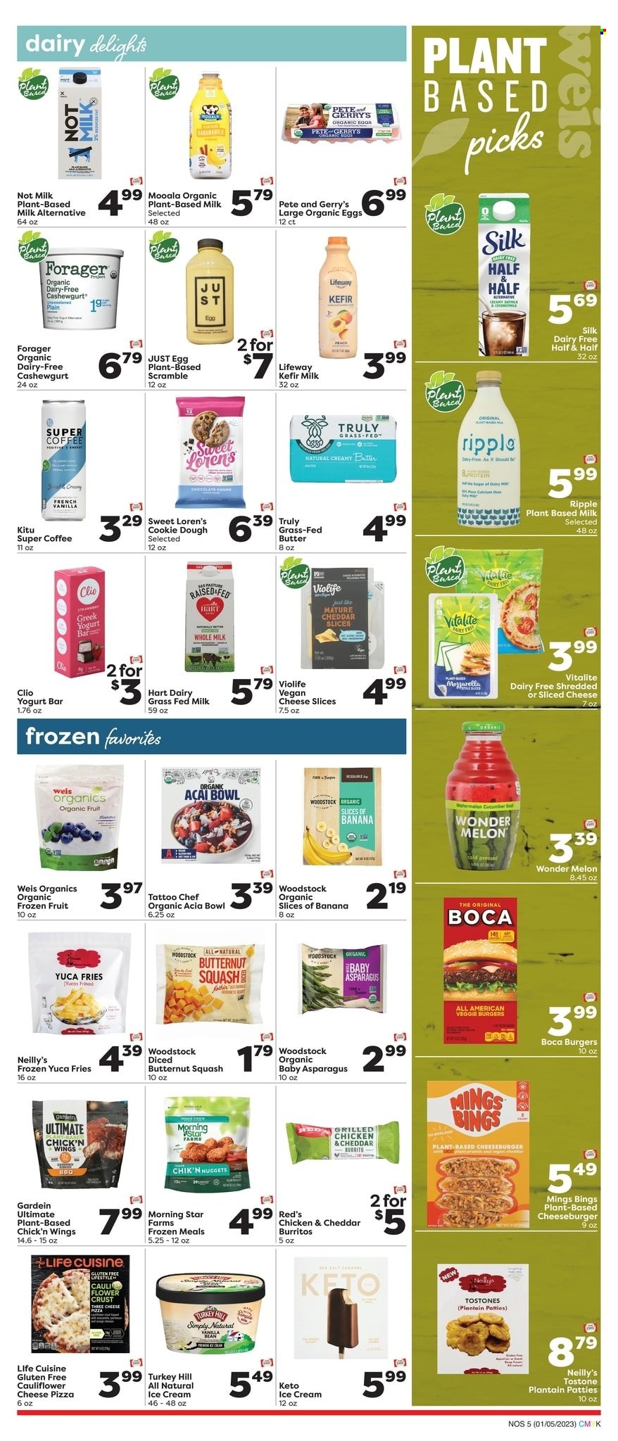 thumbnail - Weis Flyer - 01/05/2023 - 02/01/2023 - Sales products - asparagus, watermelon, pizza, nuggets, cheeseburger, burrito, veggie burger, sliced cheese, greek yoghurt, milk, Silk, kefir, eggs, ice cream, Enlightened lce Cream, organic frozen fruit, potato fries, cookie dough, Fritos, coffee, TRULY, bowl, butternut squash, Half and half, melons. Page 5.