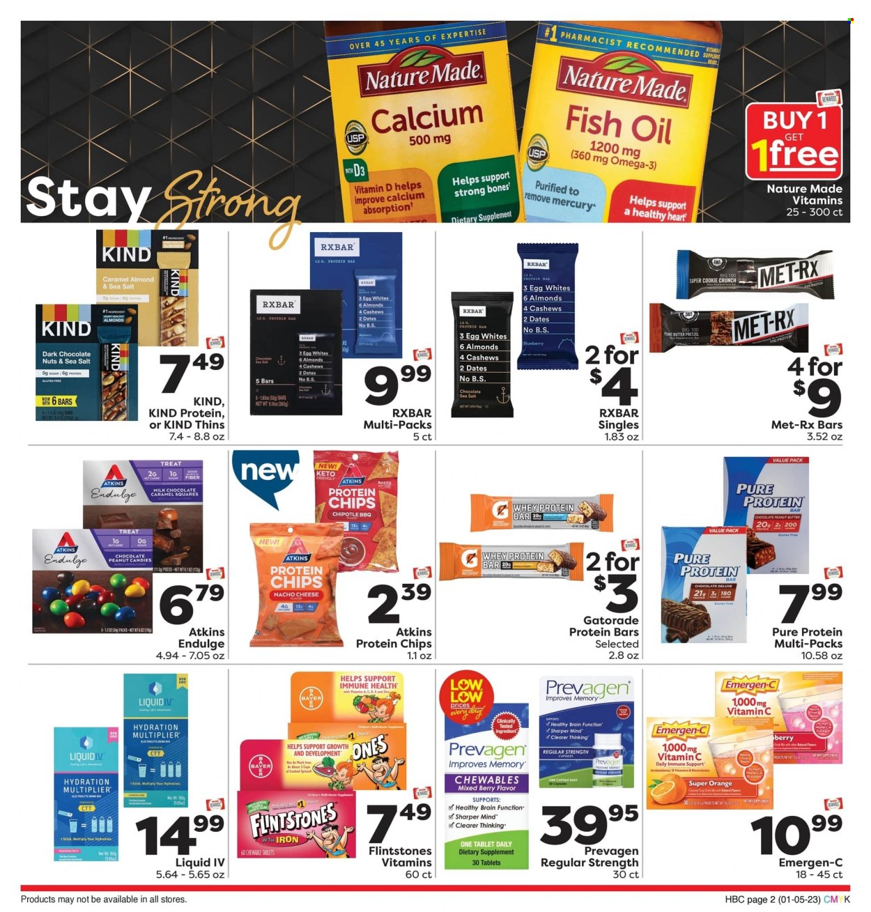 thumbnail - Weis Flyer - 01/05/2023 - 02/01/2023 - Sales products - pretzels, oranges, cheese, eggs, milk chocolate, chocolate, dark chocolate, chips, Thins, sugar, protein bar, caramel, oil, peanut butter, Gatorade, cup, calcium, fish oil, multivitamin, Nature Made, vitamin c, Omega-3, zinc, Emergen-C, whey protein, Bayer, dietary supplement. Page 2.