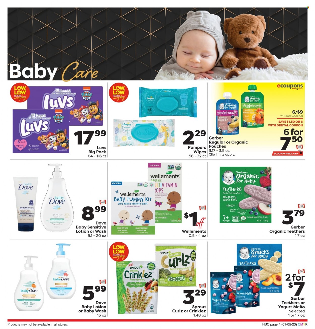 thumbnail - Weis Flyer - 01/05/2023 - 02/01/2023 - Sales products - broccoli, pumpkin, yoghurt, Dove, wafers, snack, Gerber, wipes, Pampers, nappies, body lotion, dietary supplement. Page 4.