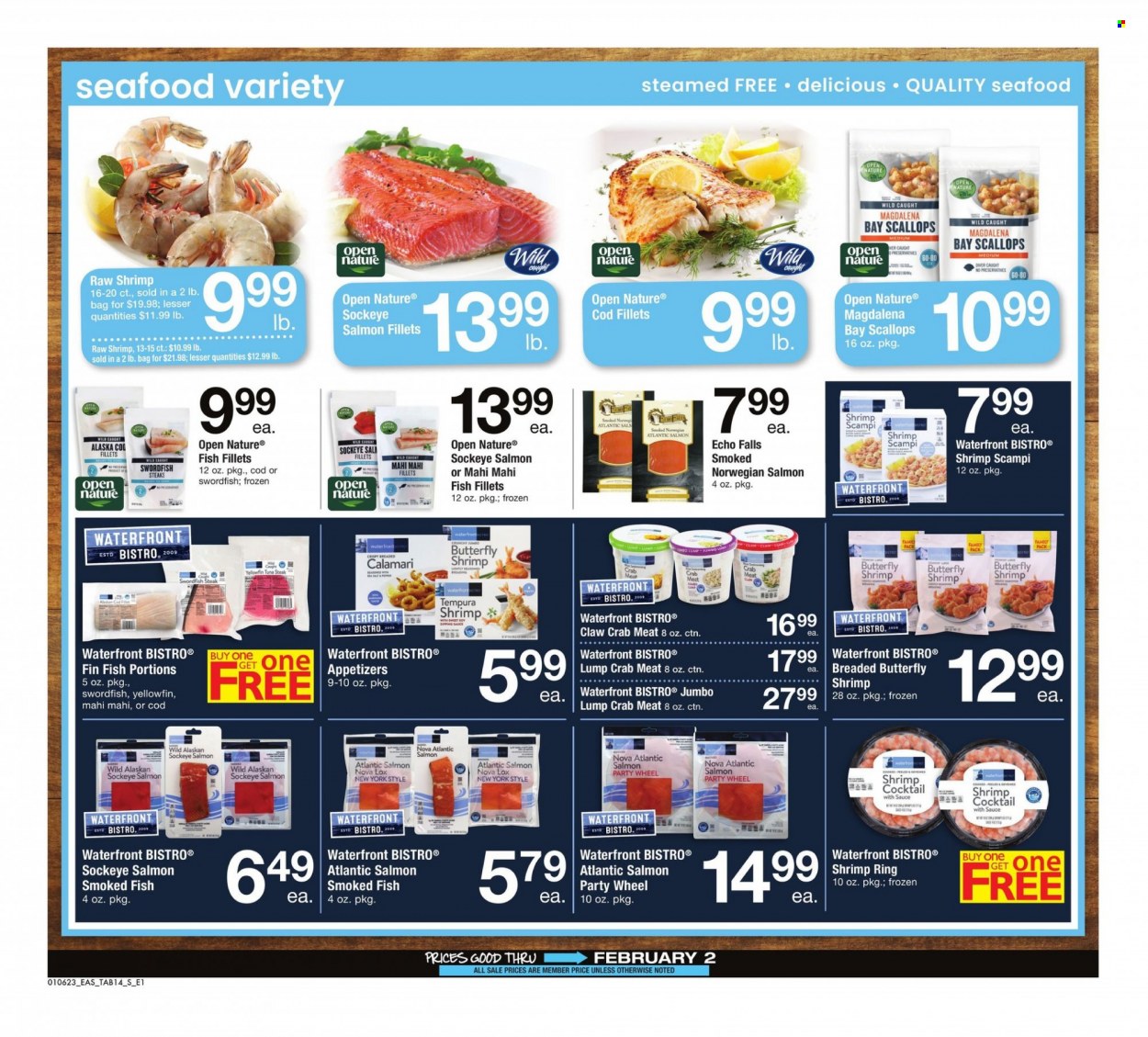 thumbnail - Safeway Flyer - 01/06/2023 - 02/02/2023 - Sales products - steak, calamari, cod, crab meat, fish fillets, mahi mahi, salmon, salmon fillet, scallops, swordfish, seafood, crab, fish, shrimps. Page 14.