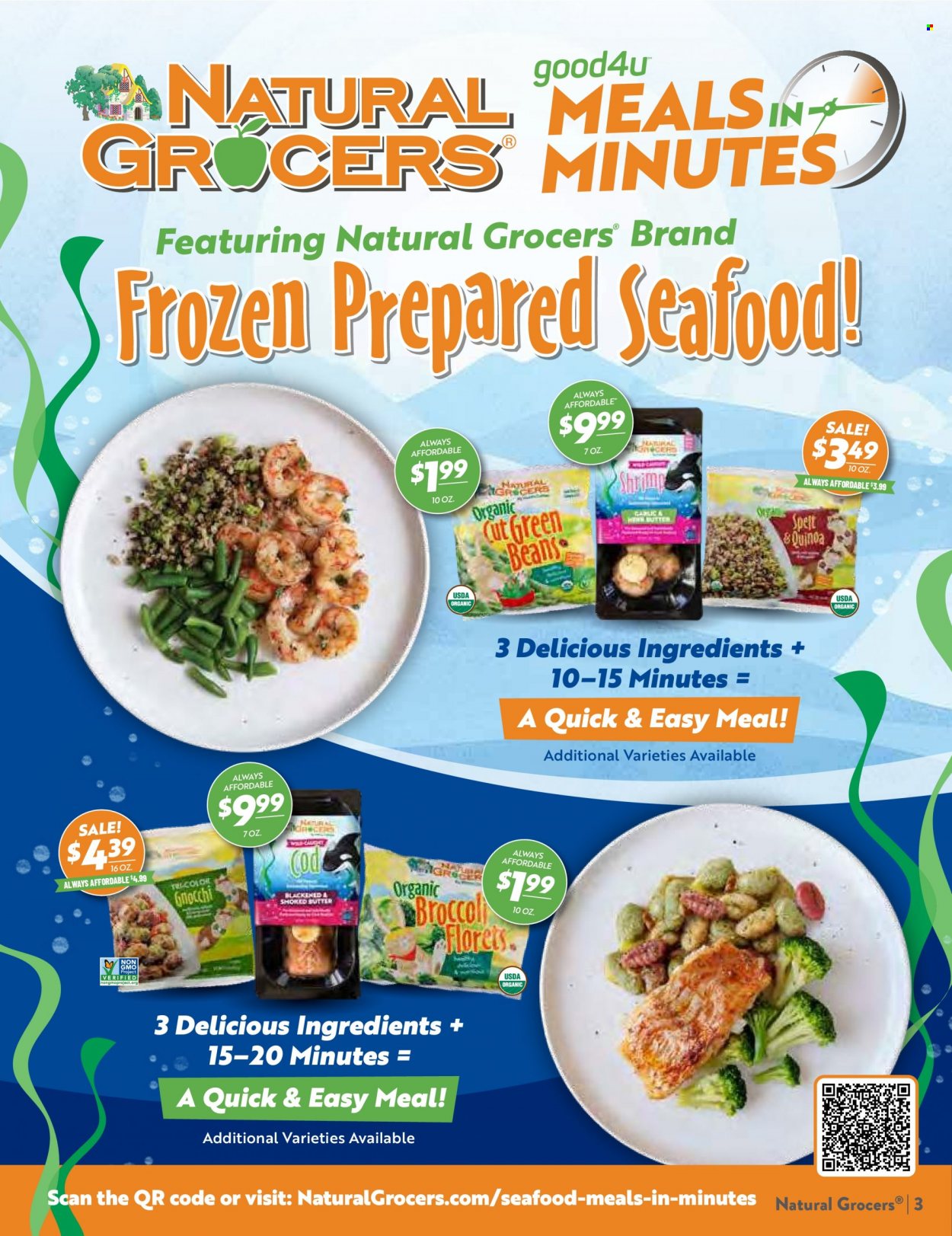 thumbnail - Natural Grocers Flyer - 01/09/2023 - 01/28/2023 - Sales products - garlic, green beans, cod, seafood, shrimps, gnocchi, quinoa. Page 3.