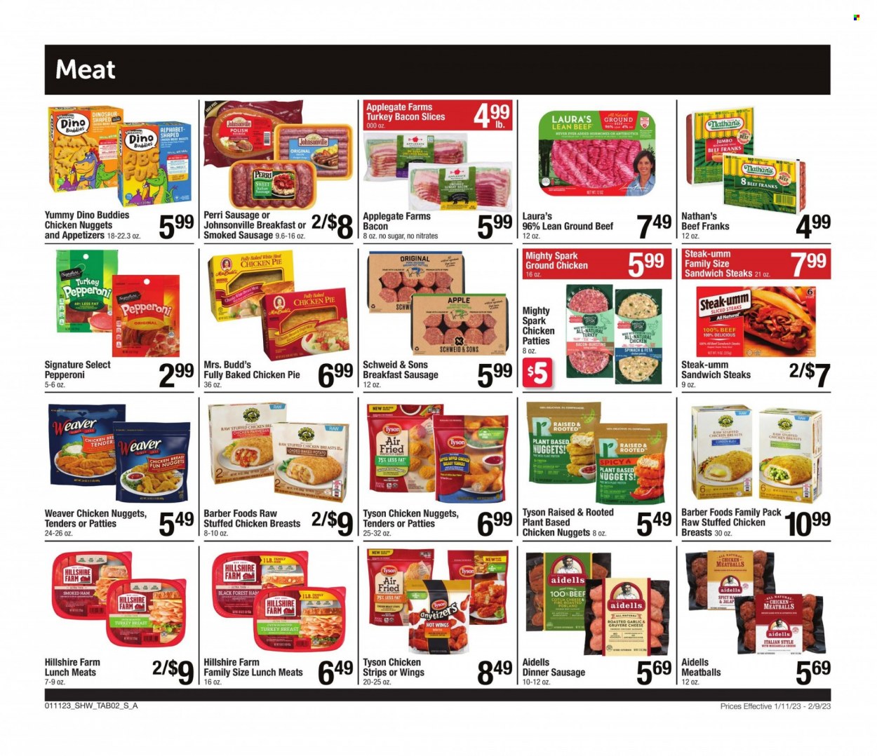 thumbnail - Shaw’s Flyer - 01/11/2023 - 02/09/2023 - Sales products - spinach, meatballs, nuggets, chicken nuggets, Yummy Dino Buddies, stuffed chicken, bacon, turkey bacon, ham, Hillshire Farm, smoked ham, Johnsonville, sausage, smoked sausage, pepperoni, Gruyere, cheese, feta, strips, chicken strips, chicken patties, ground chicken, beef meat, ground beef, steak, polish. Page 2.