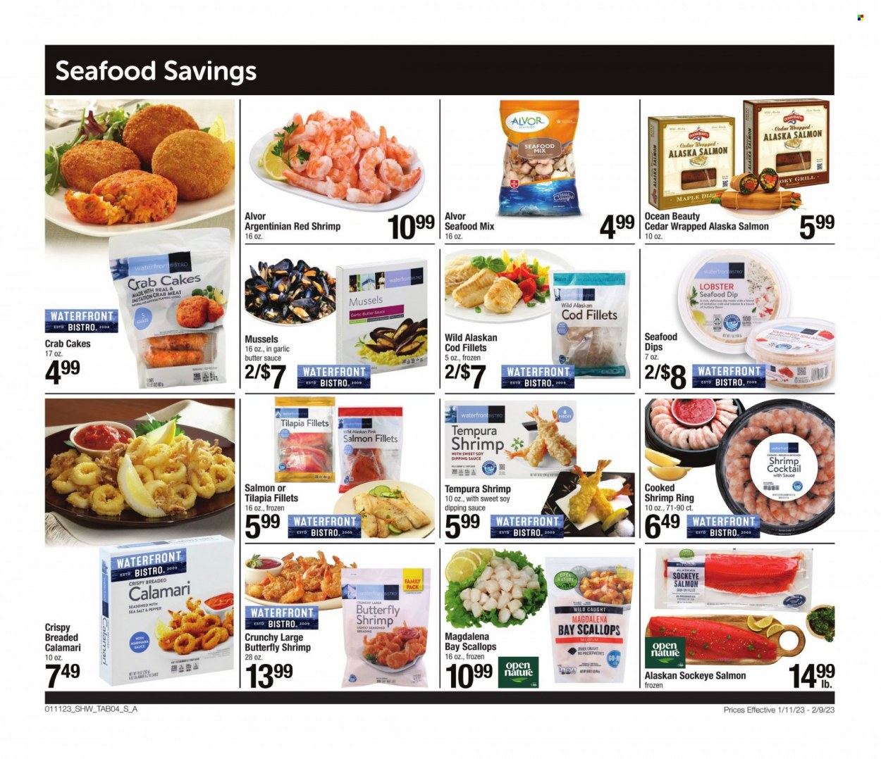 thumbnail - Shaw’s Flyer - 01/11/2023 - 02/09/2023 - Sales products - calamari, cod, crab meat, lobster, mussels, salmon, salmon fillet, scallops, tilapia, seafood, shrimps, crab cake, dip. Page 4.
