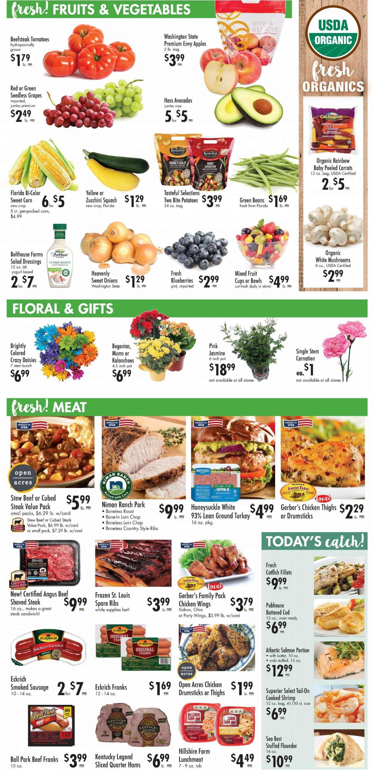 thumbnail - Buehler's Flyer - 01/18/2023 - 01/31/2023 - Sales products - mushrooms, beans, carrots, corn, green beans, tomatoes, zucchini, potatoes, sweet corn, apples, avocado, blueberries, grapes, seedless grapes, fruit cup, catfish, cod, flounder, salmon, crab, shrimps, sandwich, ham, Hillshire Farm, smoked ham, sausage, smoked sausage, lunch meat, yoghurt, dip, chicken wings, cane sugar, salad dressing, dressing, honey, ground turkey, chicken breasts, chicken thighs, beef meat, steak, pork ribs, pork spare ribs, country style ribs, pot. Page 4.