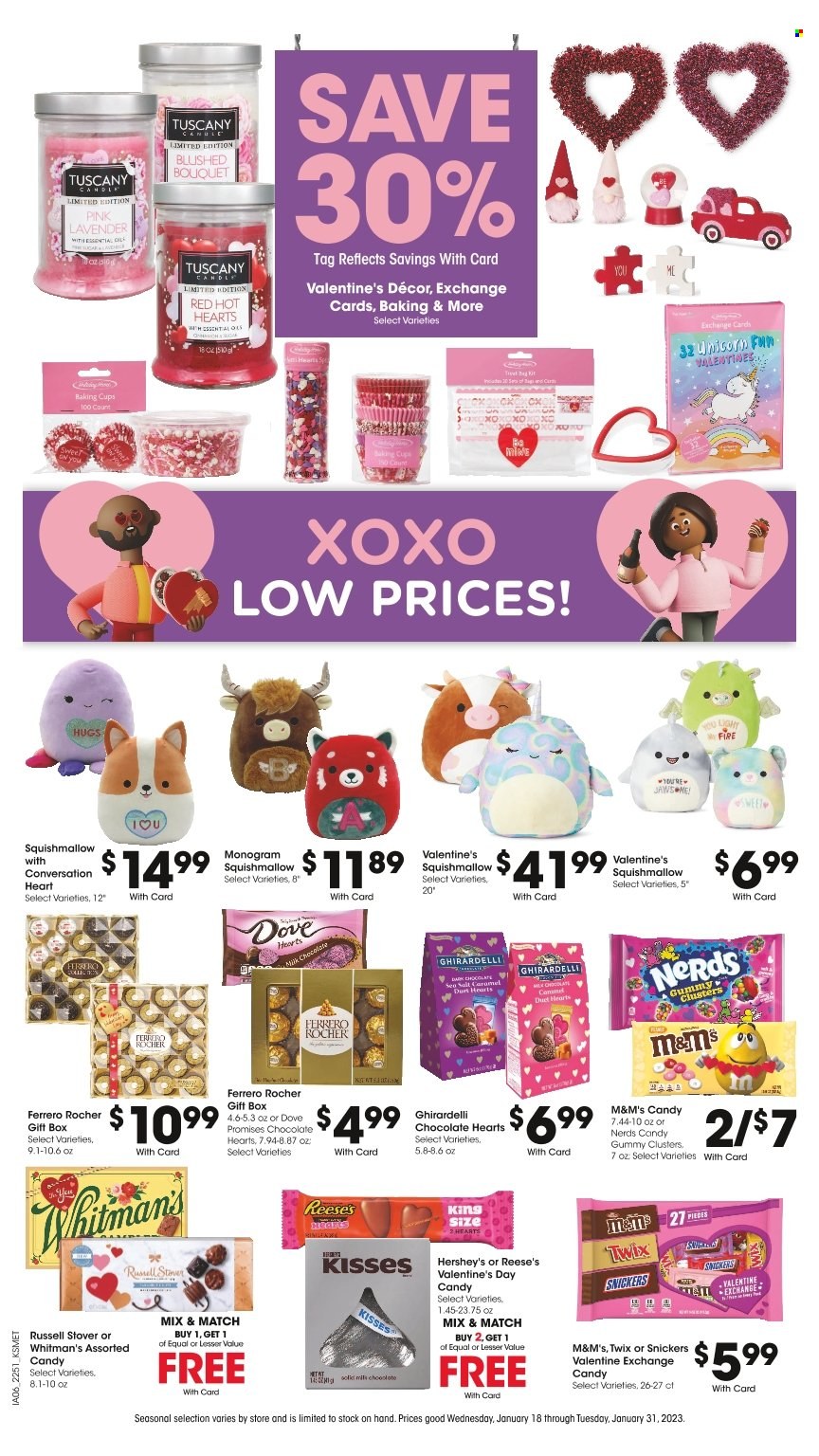 thumbnail - City Market Flyer - 01/18/2023 - 01/31/2023 - Sales products - cod, Reese's, Hershey's, Dove, milk chocolate, chocolate, Ferrero Rocher, Snickers, Twix, M&M's, Ghirardelli, Dove Promises, cup, gift box, candle, Squishmallows, bouquet. Page 2.