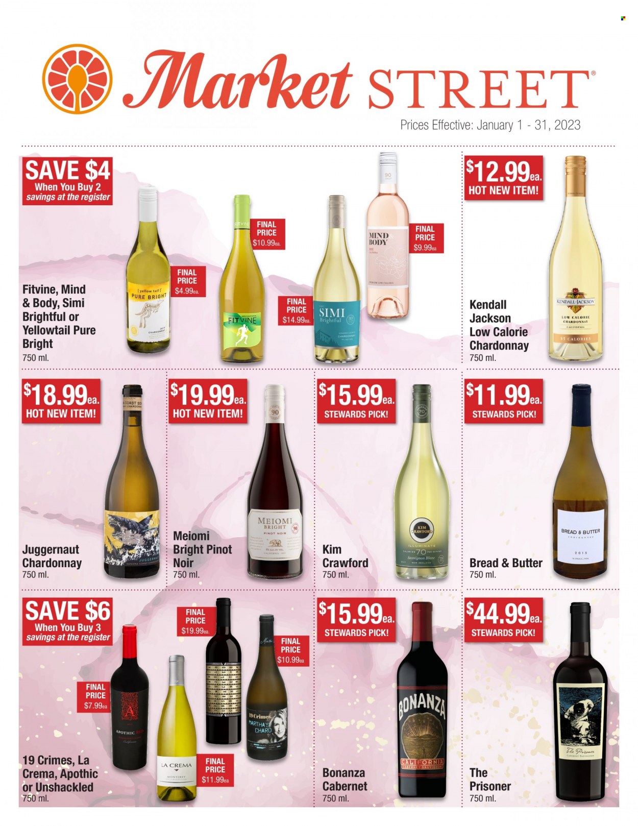 thumbnail - Market Street Flyer - 01/01/2023 - 01/31/2023 - Sales products - yellowtail, Cabernet Sauvignon, red wine, white wine, Chardonnay, wine, Pinot Noir, Sauvignon Blanc, rosé wine, chard, rose. Page 1.