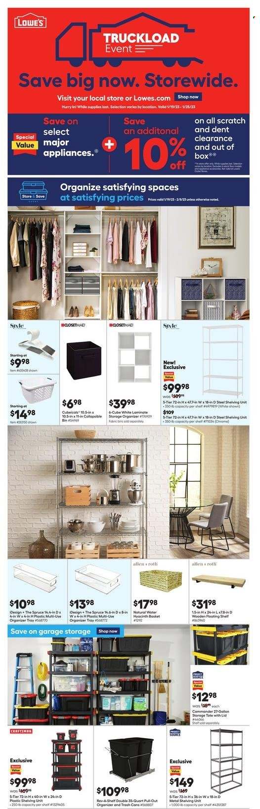 thumbnail - Lowe's Flyer - 01/19/2023 - 02/08/2023 - Sales products - basket, bin, gallon, shelf unit, Craftsman, storage tote, Shell. Page 1.