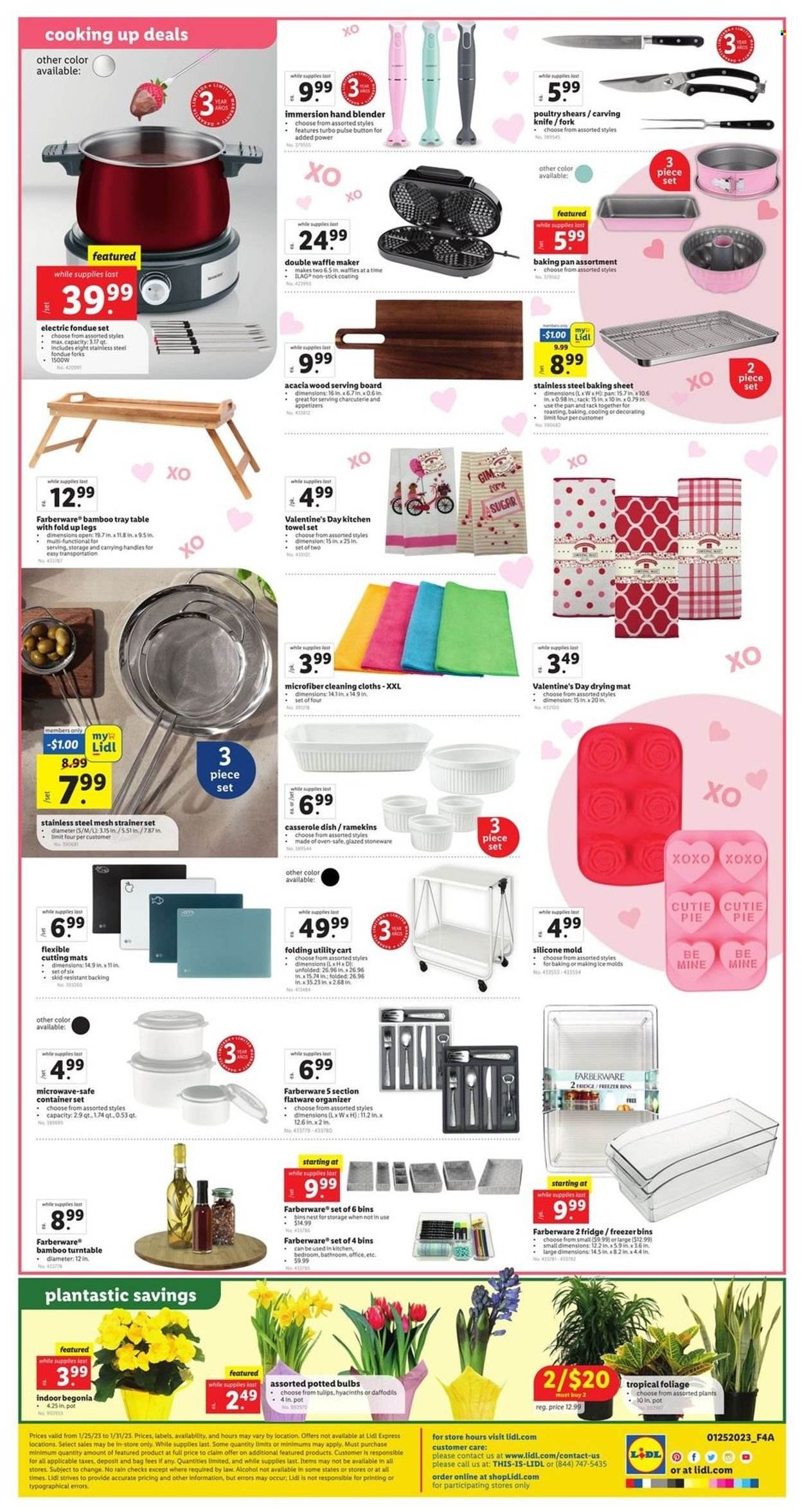 thumbnail - Lidl Flyer - 01/25/2023 - 01/31/2023 - Sales products - pie, waffles, sugar, kitchen towels, knife, flatware, fork, pan, casserole, stoneware, container, storage container set, safe container, bulb, hand blender, waffle maker, table, cart, tulip, begonia, daffodil. Page 4.