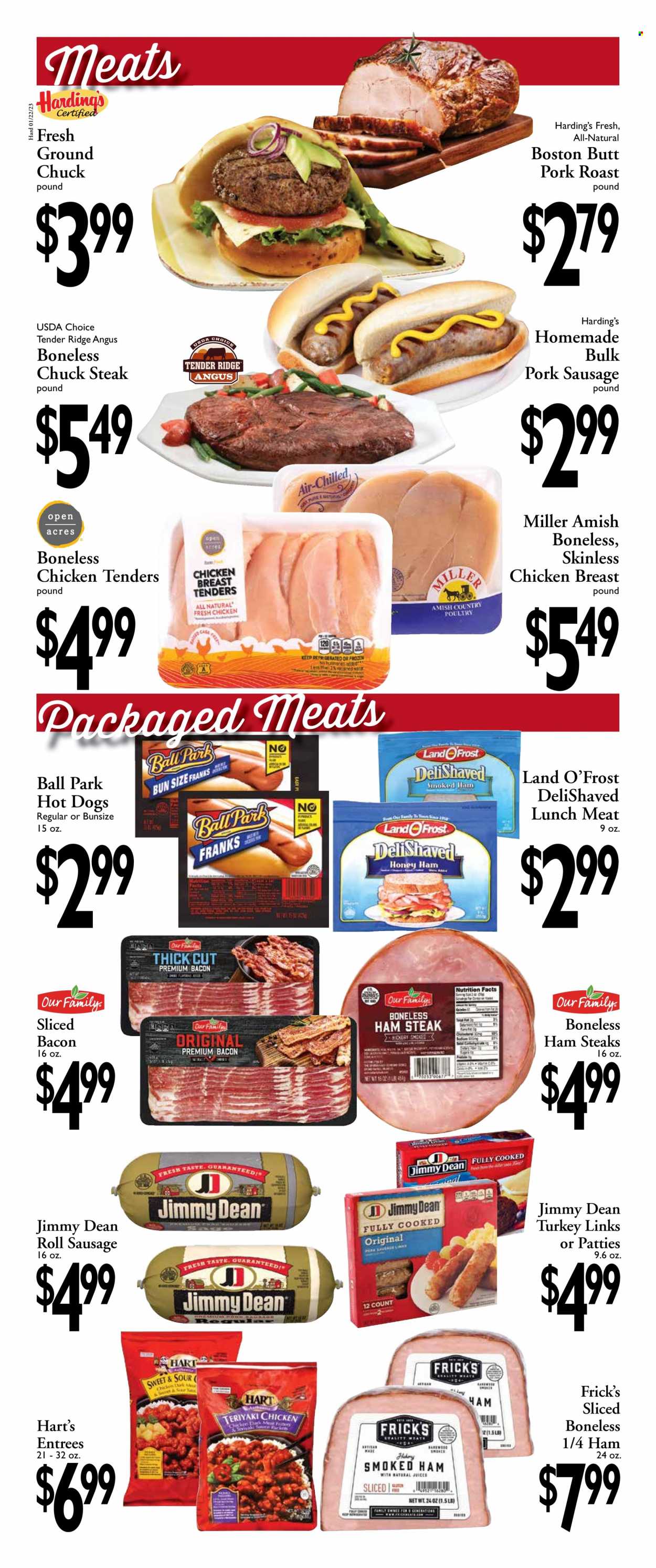 thumbnail - Harding's Markets Flyer - 01/22/2023 - 02/04/2023 - Sales products - fish, hot dog, chicken tenders, sauce, Jimmy Dean, bacon, ham, smoked ham, sausage, pork sausage, lunch meat, ham steaks, juice, Miller, beef meat, ground chuck, steak, chuck steak, pork meat, pork roast. Page 2.