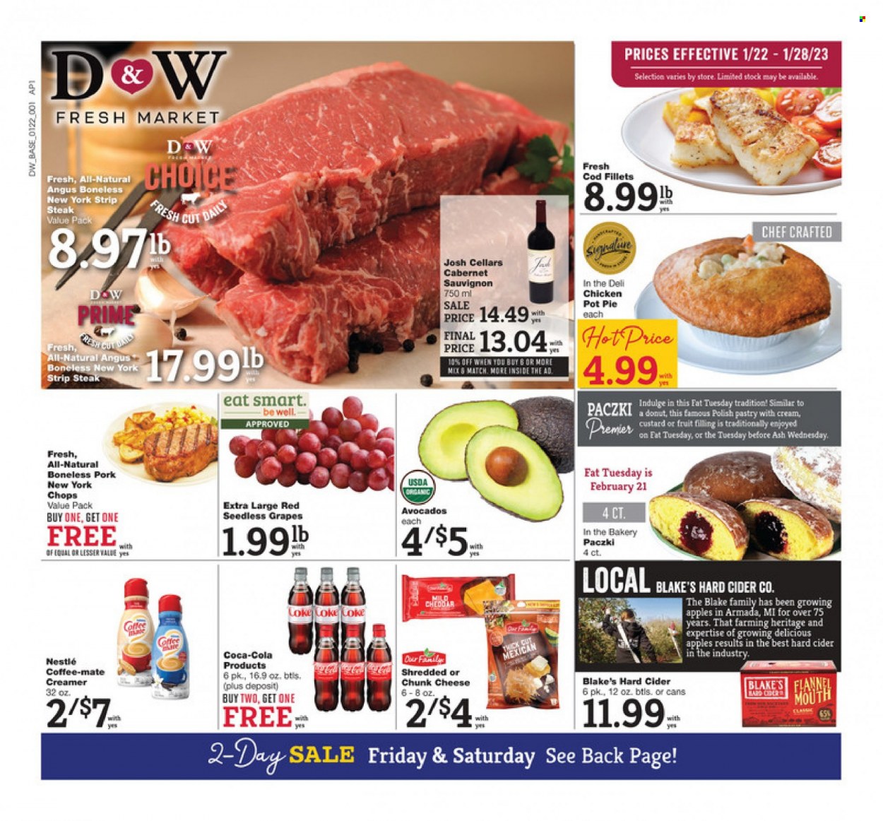 thumbnail - D&W Fresh Market Flyer - 01/22/2023 - 01/28/2023 - Sales products - pie, pot pie, donut, paczki, apples, avocado, grapes, seedless grapes, cod, mild cheddar, cheddar, cheese, chunk cheese, custard, Coffee-Mate, creamer, Nestlé, Coca-Cola, Cabernet Sauvignon, red wine, wine, cider, beef meat, steak, striploin steak. Page 1.