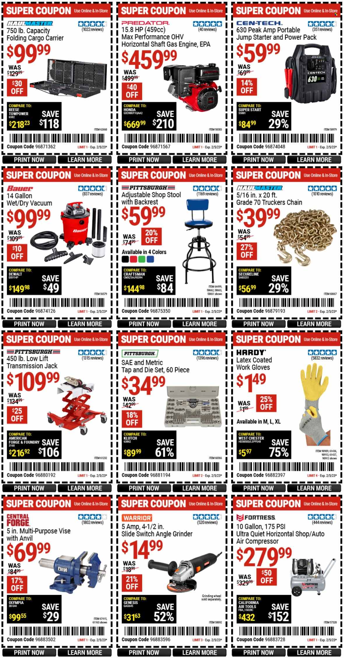 thumbnail - Harbor Freight Flyer - 01/23/2023 - 02/05/2023 - Sales products - vacuum cleaner, Reese Towpower, grinder, angle grinder, grinding wheel, air compressor, gloves, work gloves, horizontal shaft gas engine, starter. Page 3.