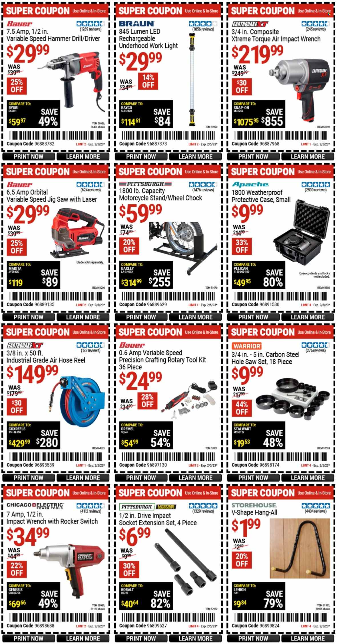 thumbnail - Harbor Freight Flyer - 01/23/2023 - 02/05/2023 - Sales products - Braun, work light, drill, power tools, wrench, jig saw, tool set, air hose, hose reel. Page 4.