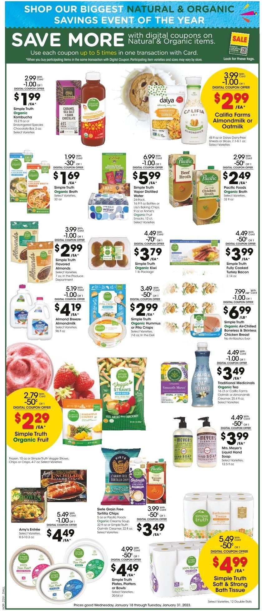 thumbnail - Dillons Flyer - 01/25/2023 - 01/31/2023 - Sales products - pita, kiwi, pineapple, cod, enchiladas, tomato soup, soup, Annie's, bacon, turkey bacon, hummus, cheese, almond milk, Almond Breeze, oat milk, creamer, dark chocolate, fruit snack, chocolate bar, tortilla chips, Veggie Straws, beef broth, chicken broth, oats, broth, baking chips, caramel, kombucha, tea, chicken breasts, bath tissue, hand soap, soap, plate, distilled water. Page 7.