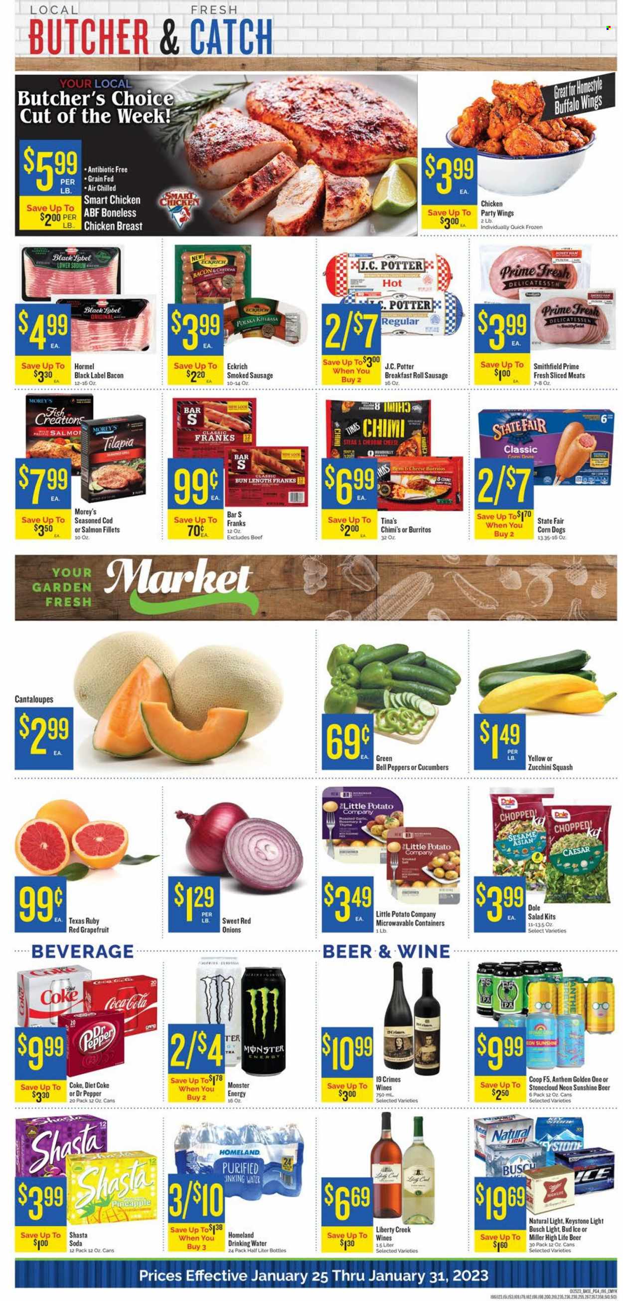thumbnail - Homeland Flyer - 01/25/2023 - 01/31/2023 - Sales products - bell peppers, cantaloupe, cucumber, red onions, zucchini, onion, salad, Dole, peppers, grapefruits, pineapple, cod, salmon fillet, tilapia, fish, burrito, Hormel, bacon, ham, smoked ham, sausage, smoked sausage, cheddar, Sunshine, rosemary, Coca-Cola, Monster, Dr. Pepper, Diet Coke, Monster Energy, soda, beer, Busch, Miller, IPA, Keystone, chicken breasts. Page 4.