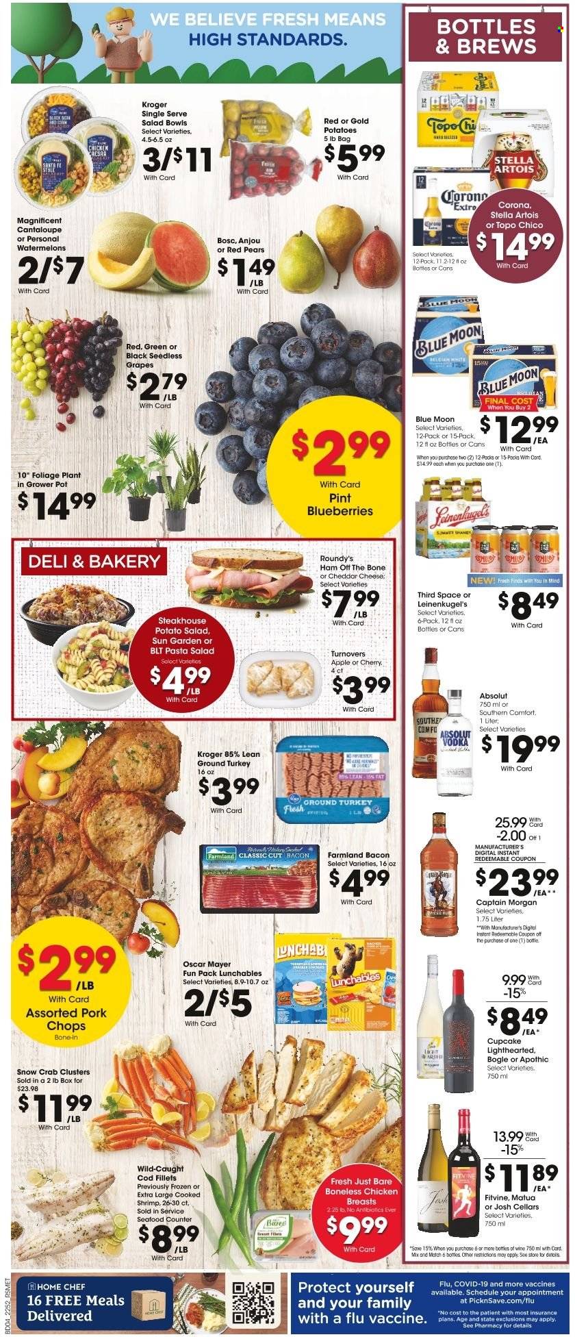 thumbnail - Pick ‘n Save Flyer - 01/25/2023 - 01/31/2023 - Sales products - turnovers, cupcake, cantaloupe, potatoes, blueberries, grapes, seedless grapes, pears, cod, seafood, crab, shrimps, pasta, Lunchables, bacon, ham, ham off the bone, Oscar Mayer, potato salad, pasta salad, cheese, wine, Captain Morgan, vodka, Absolut, beer, Stella Artois, Corona Extra, ground turkey, chicken breasts, pork chops, pork meat, pot, salad bowl, Leinenkugel's, Blue Moon. Page 5.