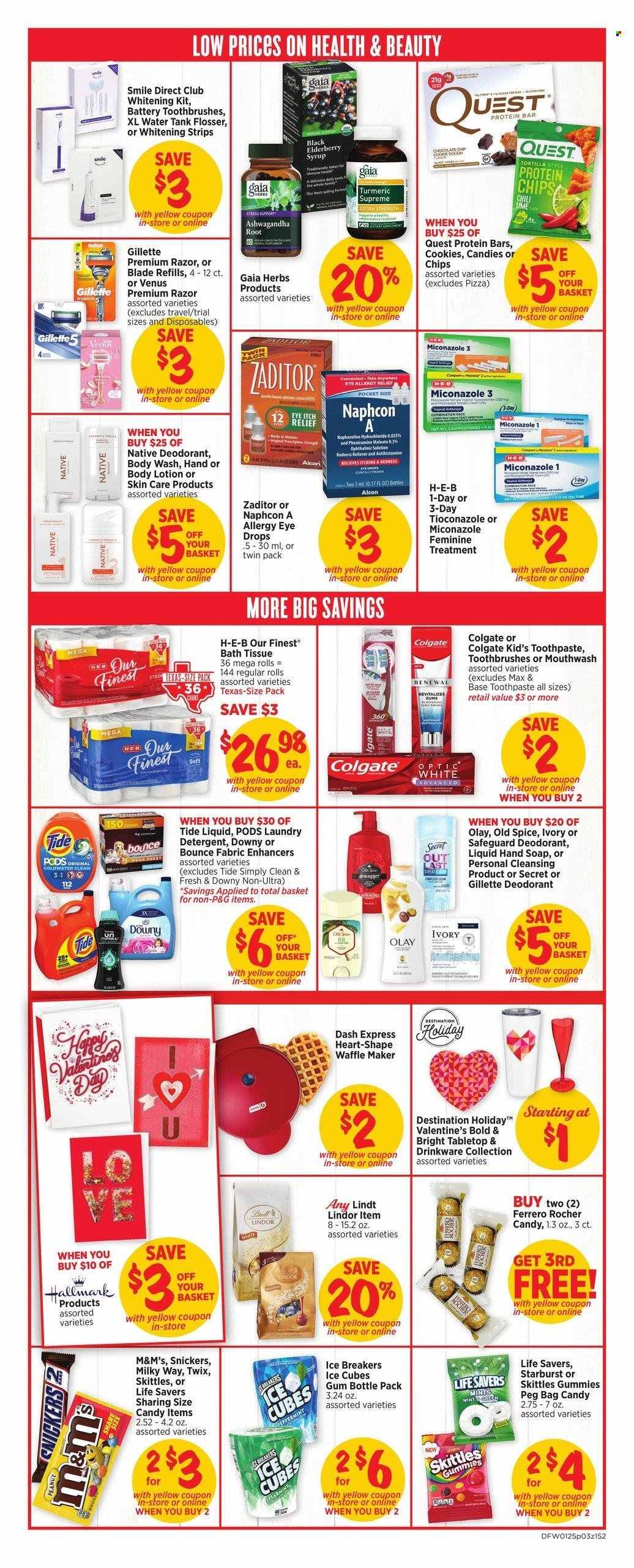 thumbnail - H-E-B Flyer - 01/25/2023 - 01/31/2023 - Sales products - tortillas, cod, pizza, strips, cookies, chocolate, ice cubes gum, Lindt, Lindor, Ferrero Rocher, Milky Way, Snickers, Twix, M&M's, Skittles, Gaia, Starburst, chips, protein bar, turmeric, spice, syrup, bath tissue, detergent, Tide, laundry detergent, Bounce, body wash, hand soap, Old Spice, soap, Colgate, toothpaste, mouthwash, Olay, body lotion, anti-perspirant, deodorant, Gillette, razor, Venus, drinkware, battery, tank, waffle maker, water tank, eye drops, allergy relief, Gaia Herbs, Gaia Herbs®. Page 3.