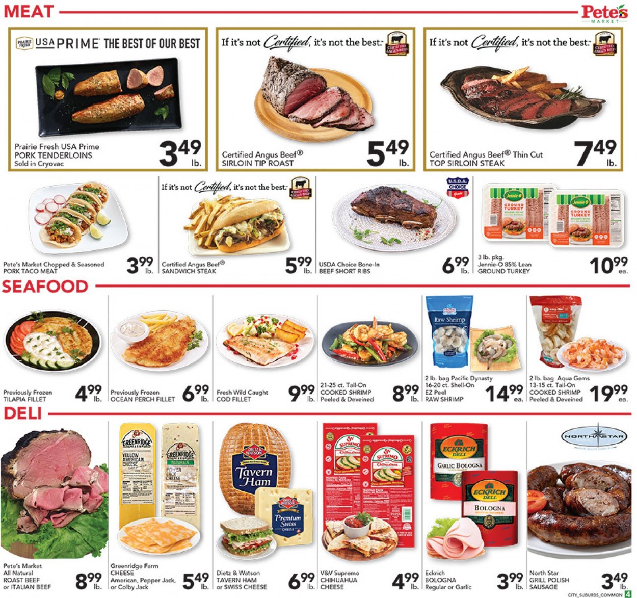 thumbnail - Pete's Fresh Market Flyer - 01/25/2023 - 01/31/2023 - Sales products - garlic, cod, tilapia, seafood, shrimps, sandwich, ham, bologna sausage, Dietz & Watson, sausage, american cheese, Colby cheese, swiss cheese, Pepper Jack cheese, cheese, ground turkey, beef meat, beef sirloin, steak, roast beef, sirloin steak, pork tenderloin. Page 5.