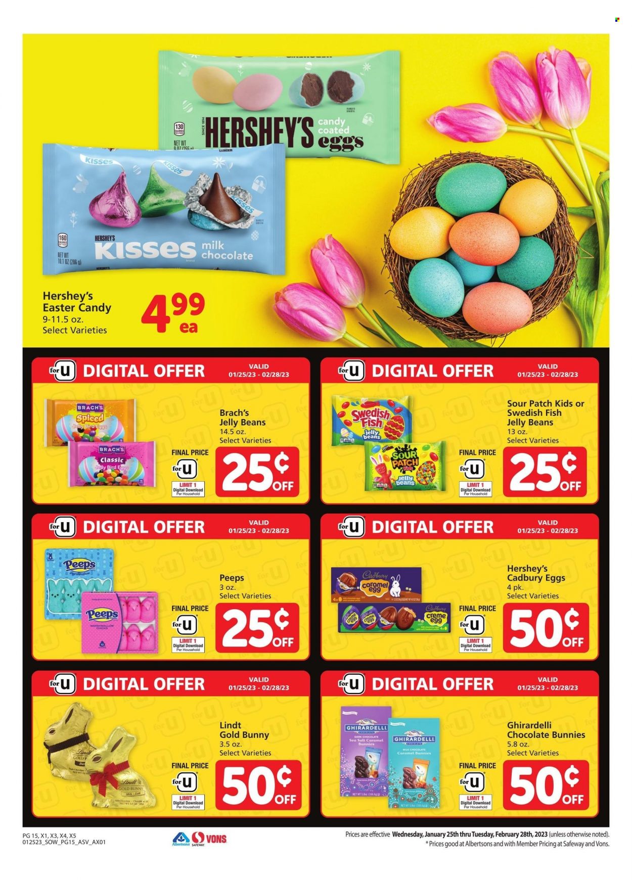 thumbnail - Albertsons Flyer - 01/25/2023 - 02/28/2023 - Sales products - milk, Hershey's, chocolate, Lindt, dark chocolate, Cadbury, jelly beans, Ghirardelli, Sour Patch, Peeps. Page 15.