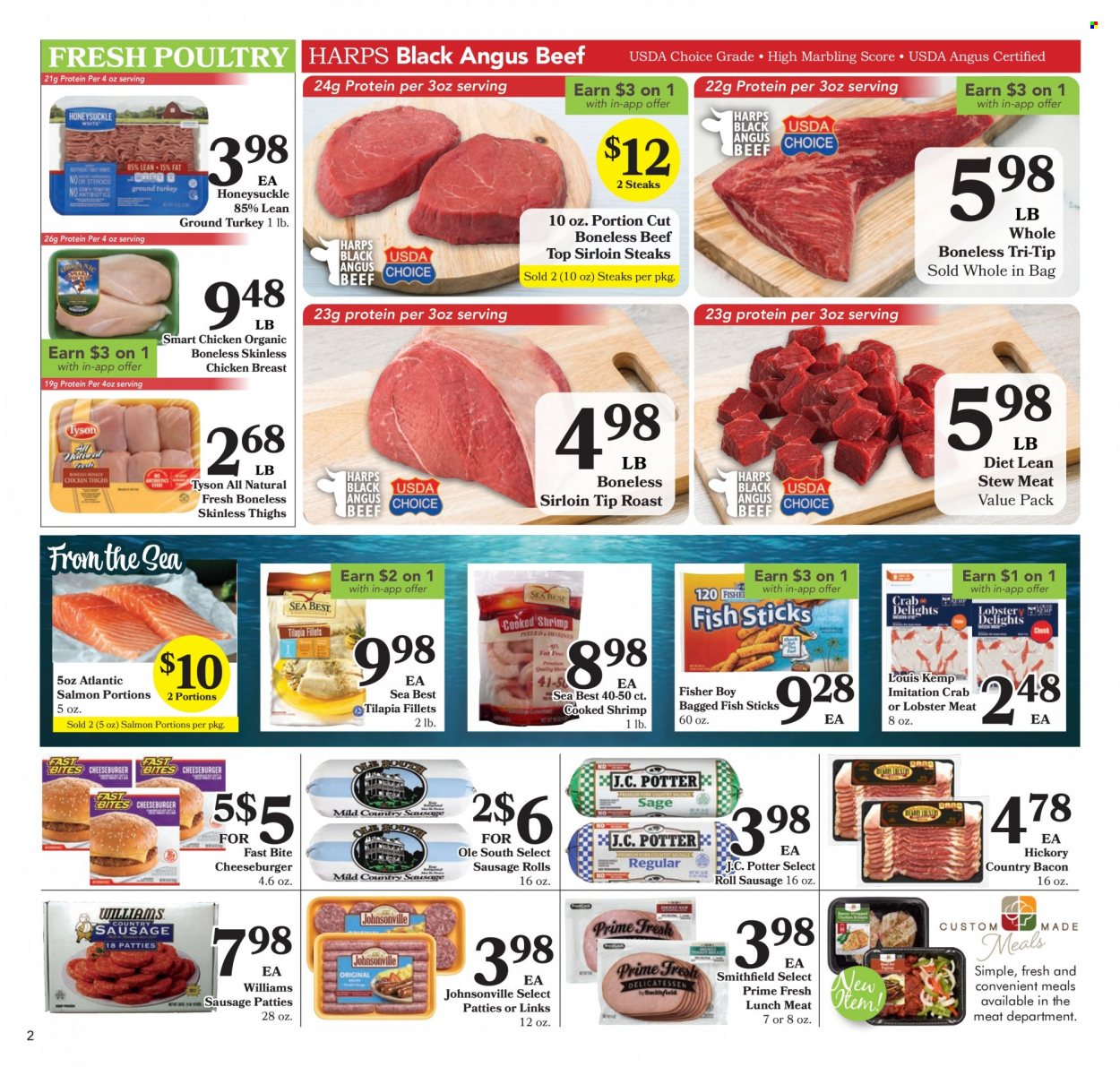 thumbnail - Harps Hometown Fresh Flyer - 01/25/2023 - 02/07/2023 - Sales products - stew meat, sausage rolls, lobster, salmon, tilapia, crab, fish, shrimps, fish fingers, fish sticks, cheeseburger, bacon, Johnsonville, sausage, lunch meat, ground turkey, chicken breasts, beef meat, steak, sirloin steak. Page 2.