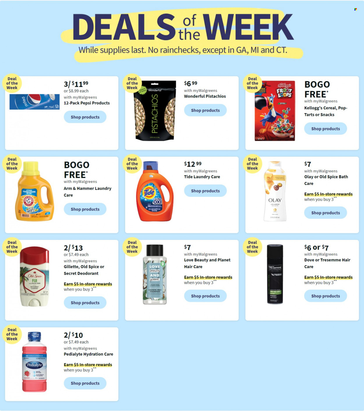 thumbnail - Walgreens Flyer - 01/29/2023 - 02/04/2023 - Sales products - Dove, Kellogg's, ARM & HAMMER, cereals, pistachios, Pepsi, Tide, shampoo, Old Spice, Olay, TRESemmé, anti-perspirant, deodorant, Gillette. Page 2.