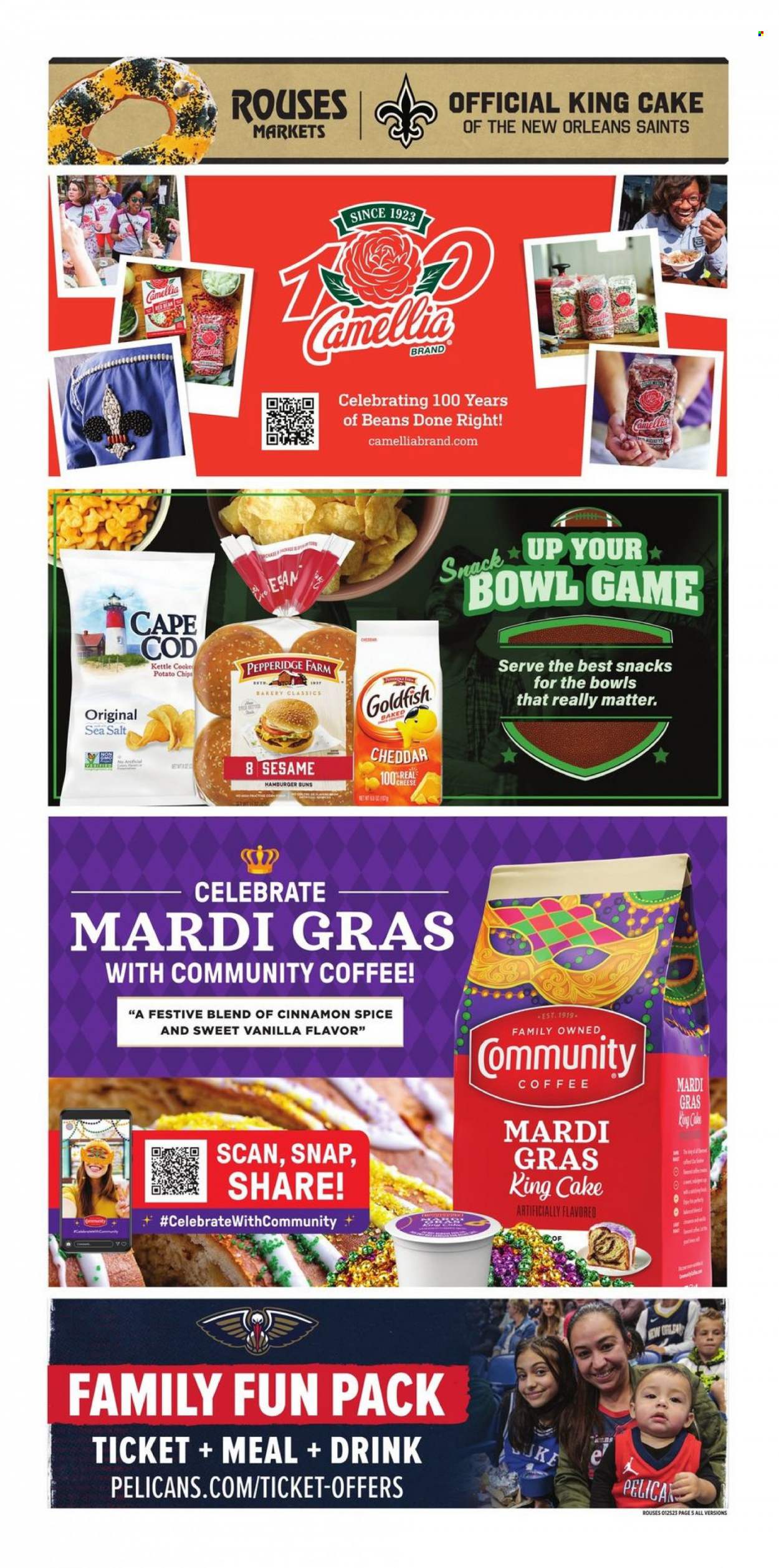 thumbnail - Rouses Markets Flyer - 01/25/2023 - 02/01/2023 - Sales products - cake, cod, hamburger, cheese, snack, potato chips, chips, Goldfish, spice, cinnamon, coffee, bowl. Page 5.